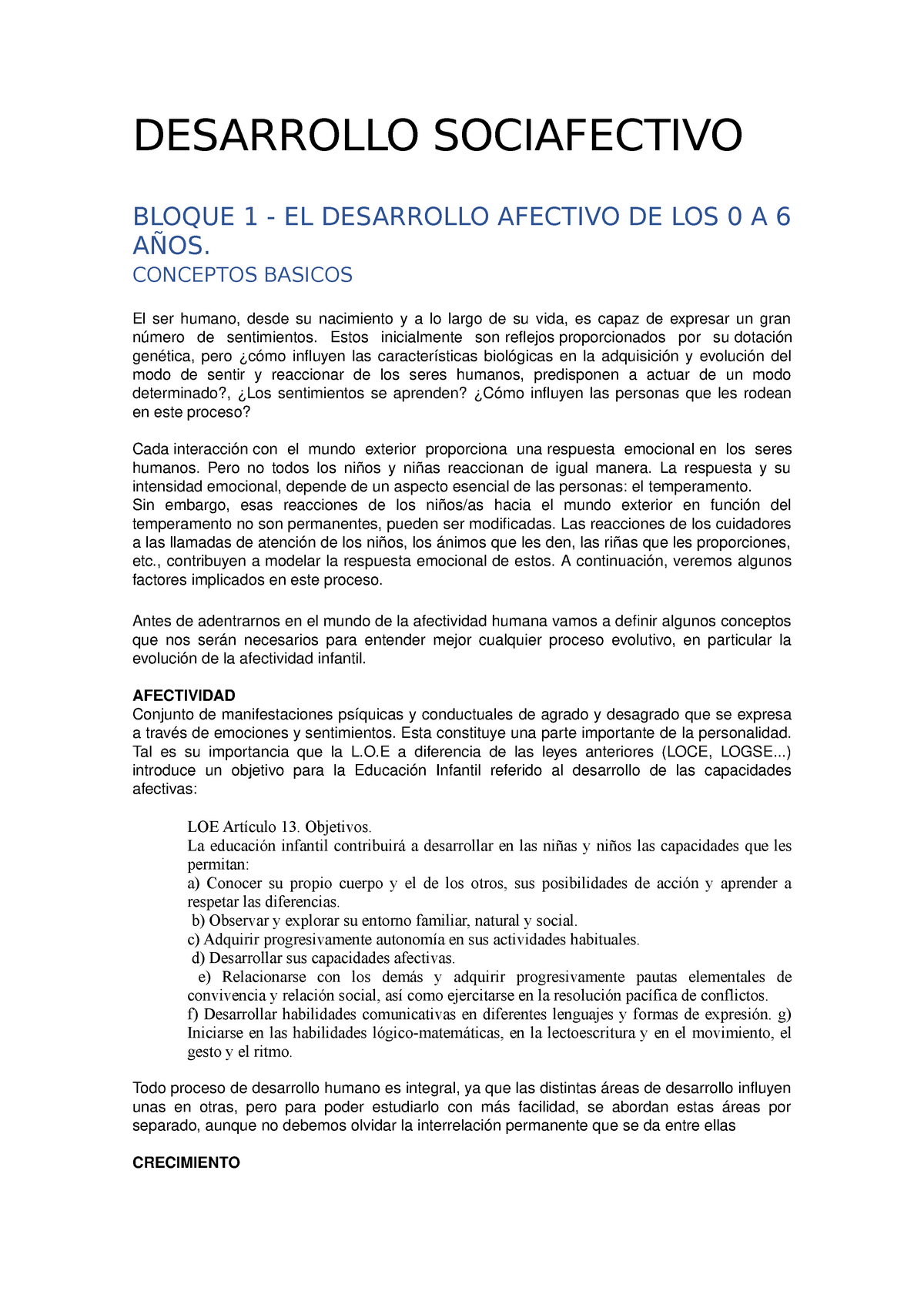 Apuntes Tema 1 Desarrollo Socioafectivo - DESARROLLO SOCIAFECTIVO BLOQUE 1  - EL DESARROLLO AFECTIVO - Studocu