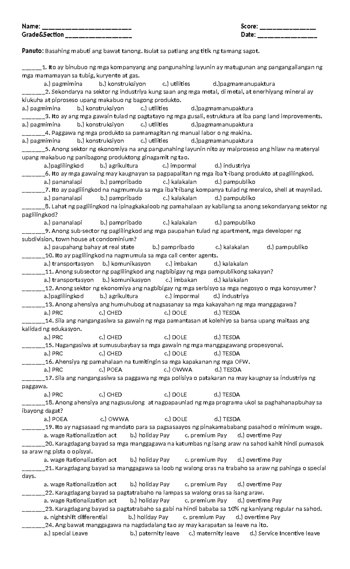 Chapter Test Grade 9 - Name: ___________________________ Score ...