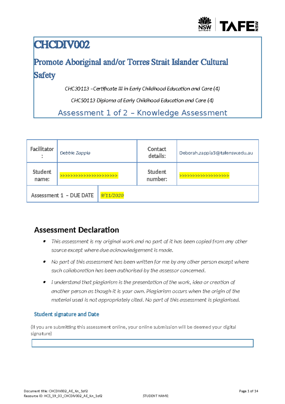CERT 3 PTE Chcdiv 002 Assessment 1 Sem 2 2020 DZ 1 - CHCDIV 002 Promote ...
