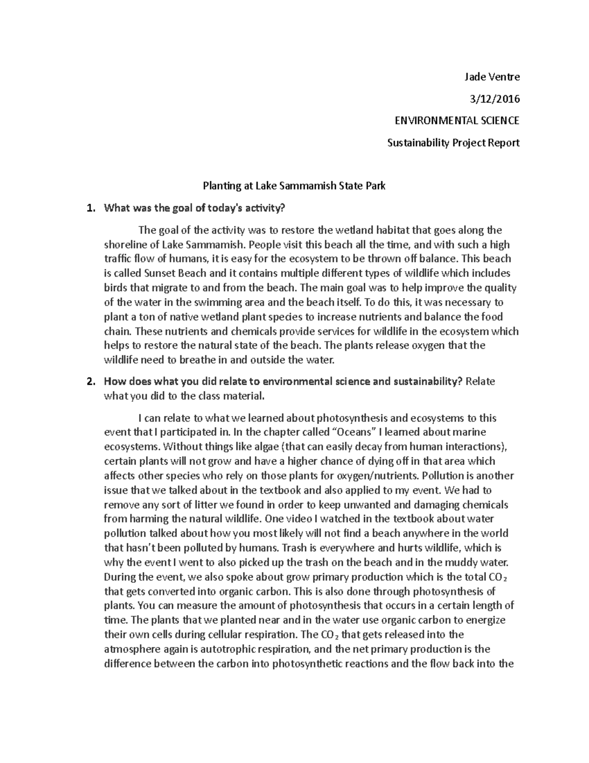 Env project report - Jade Ventre 3/12/ ENVIRONMENTAL SCIENCE ...