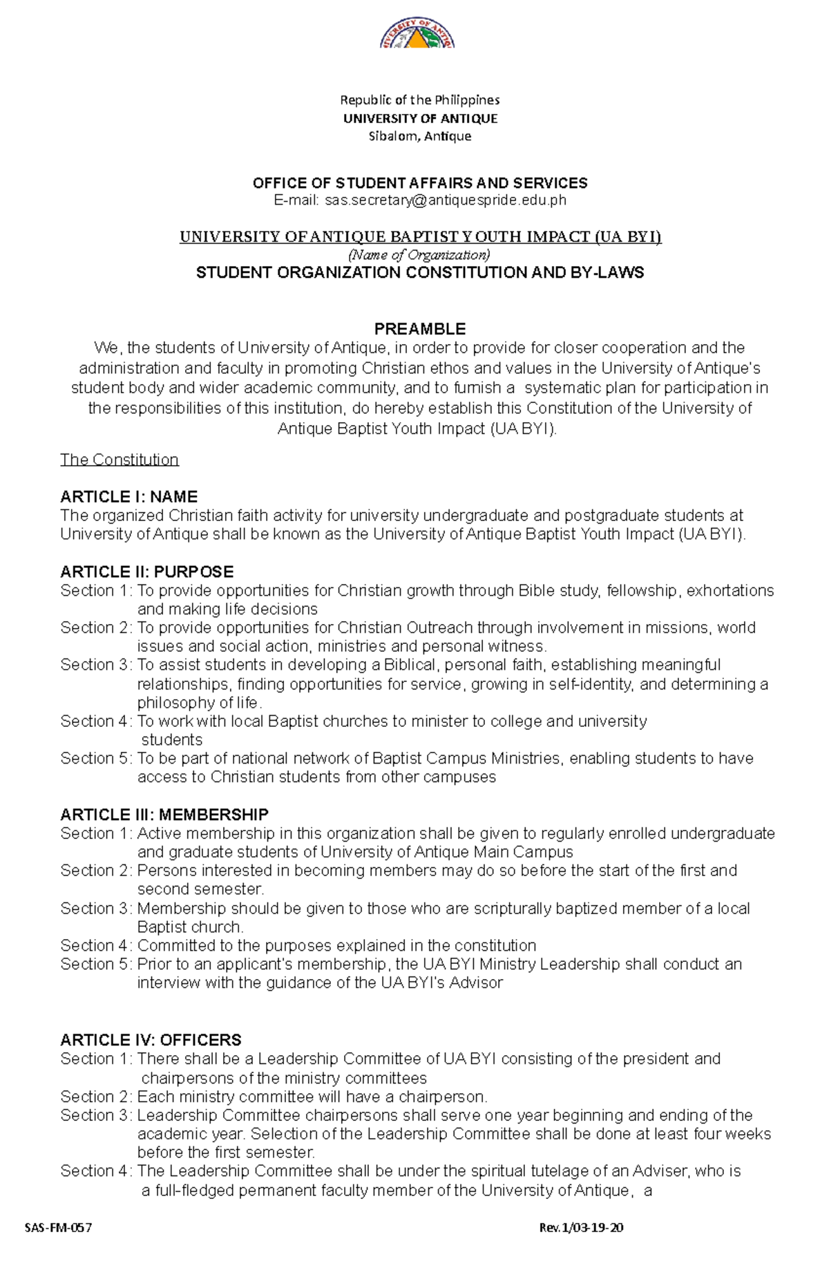 UA BYI Student Organization Constitution and ByLaws UNIVERSITY OF