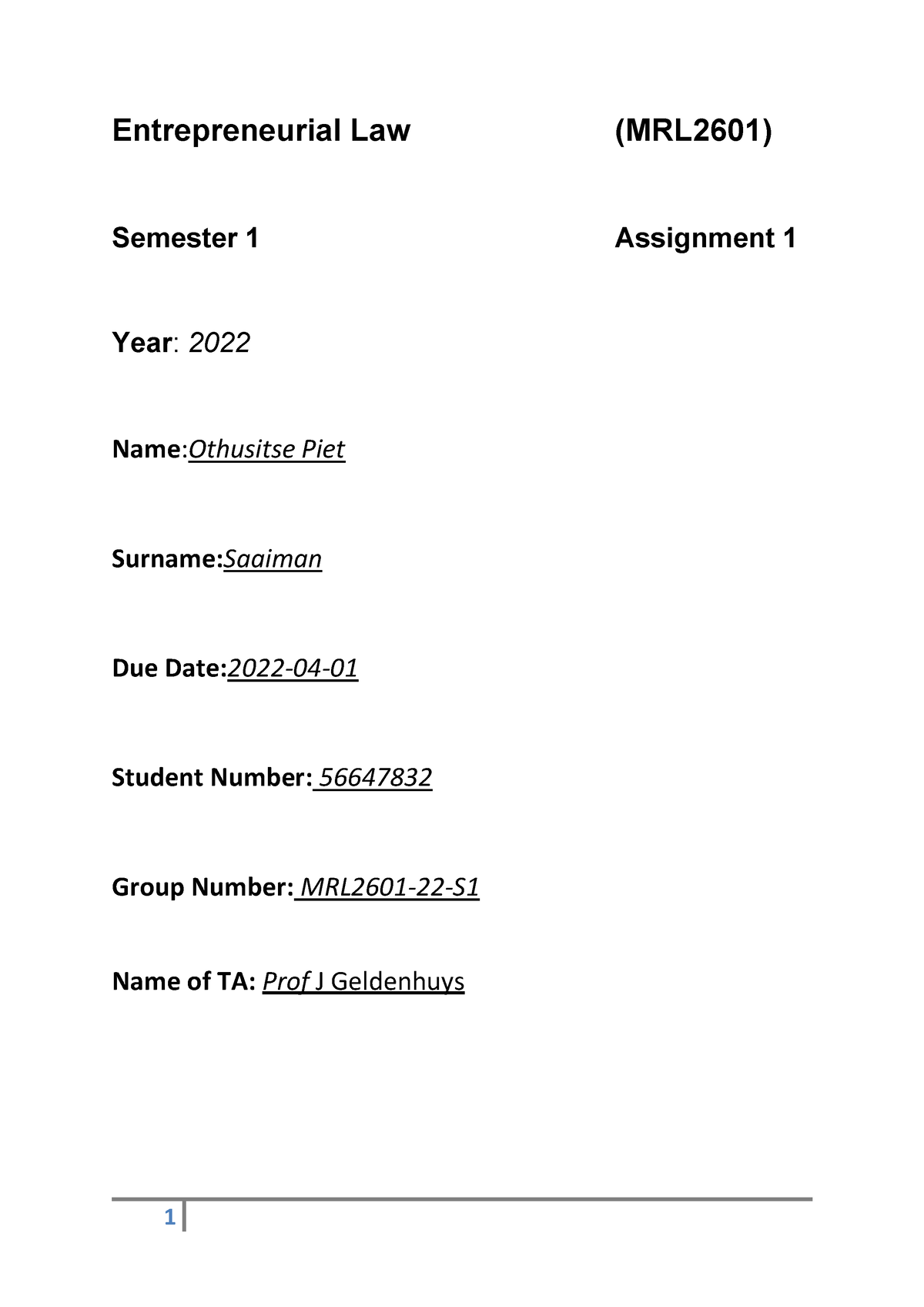 Mrl2601 Assignment 1 2022 Entrepreneurial Law Mrl2601 Semester 1 Assignment 1 Year 2022 7802