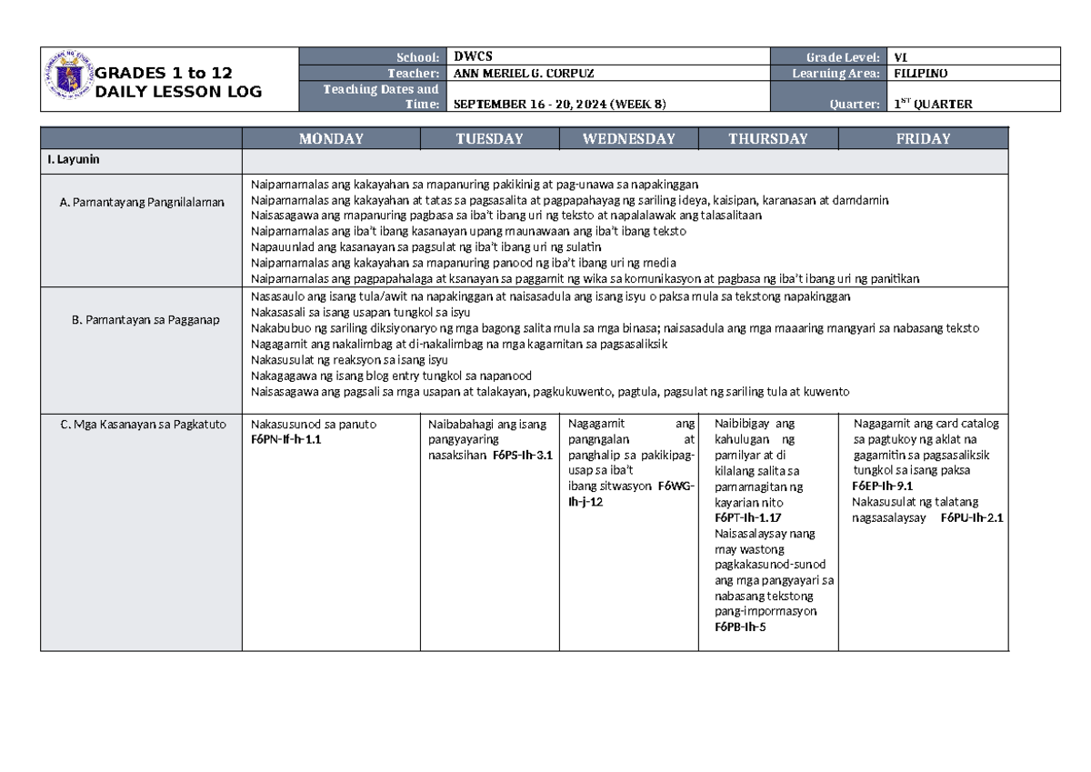 DLL Filipino 6 Q1 W8 - guide - GRADES 1 to 12 DAILY LESSON LOG School ...