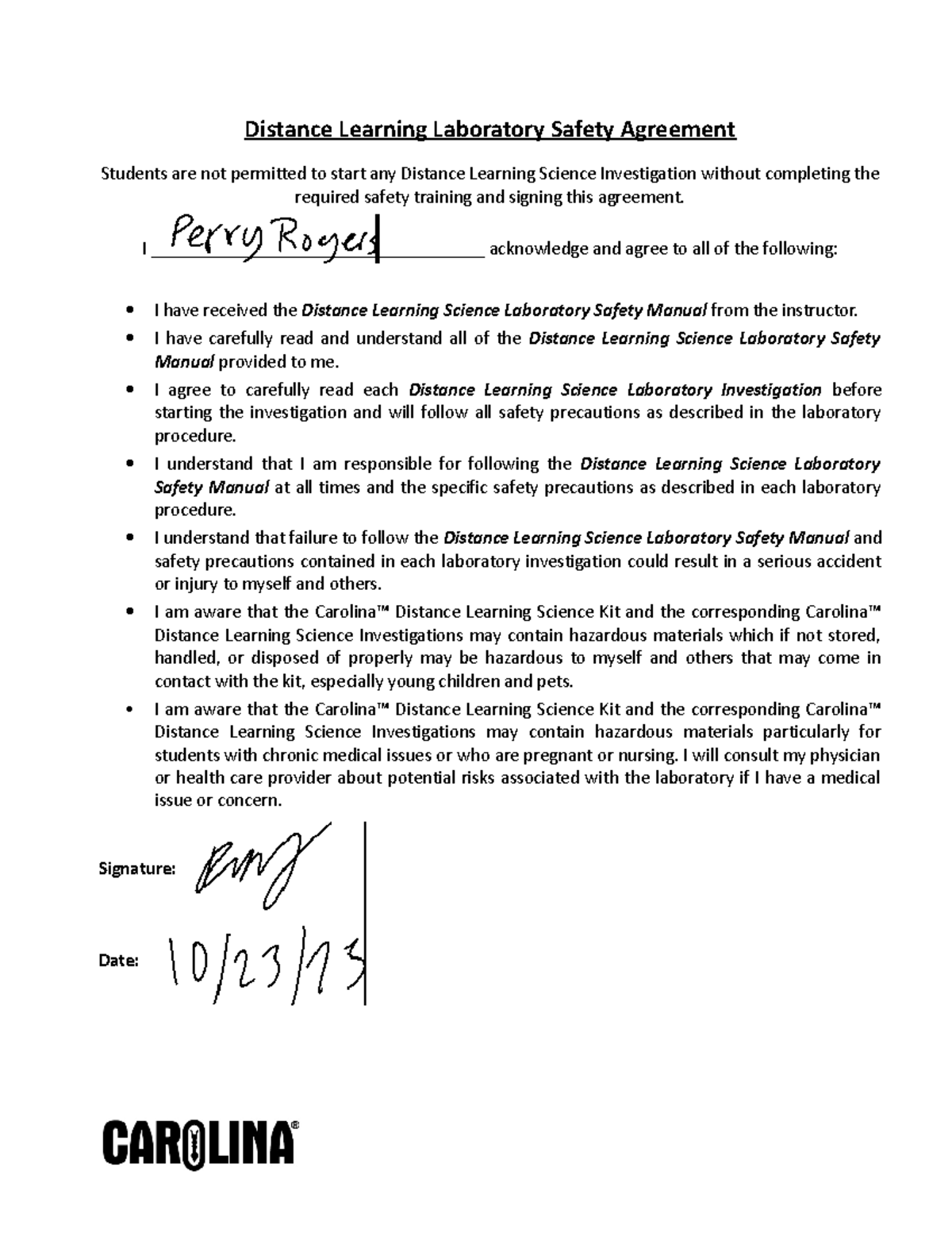 Lab Safety Contract (B) - Distance Learning Laboratory Safety Agreement ...