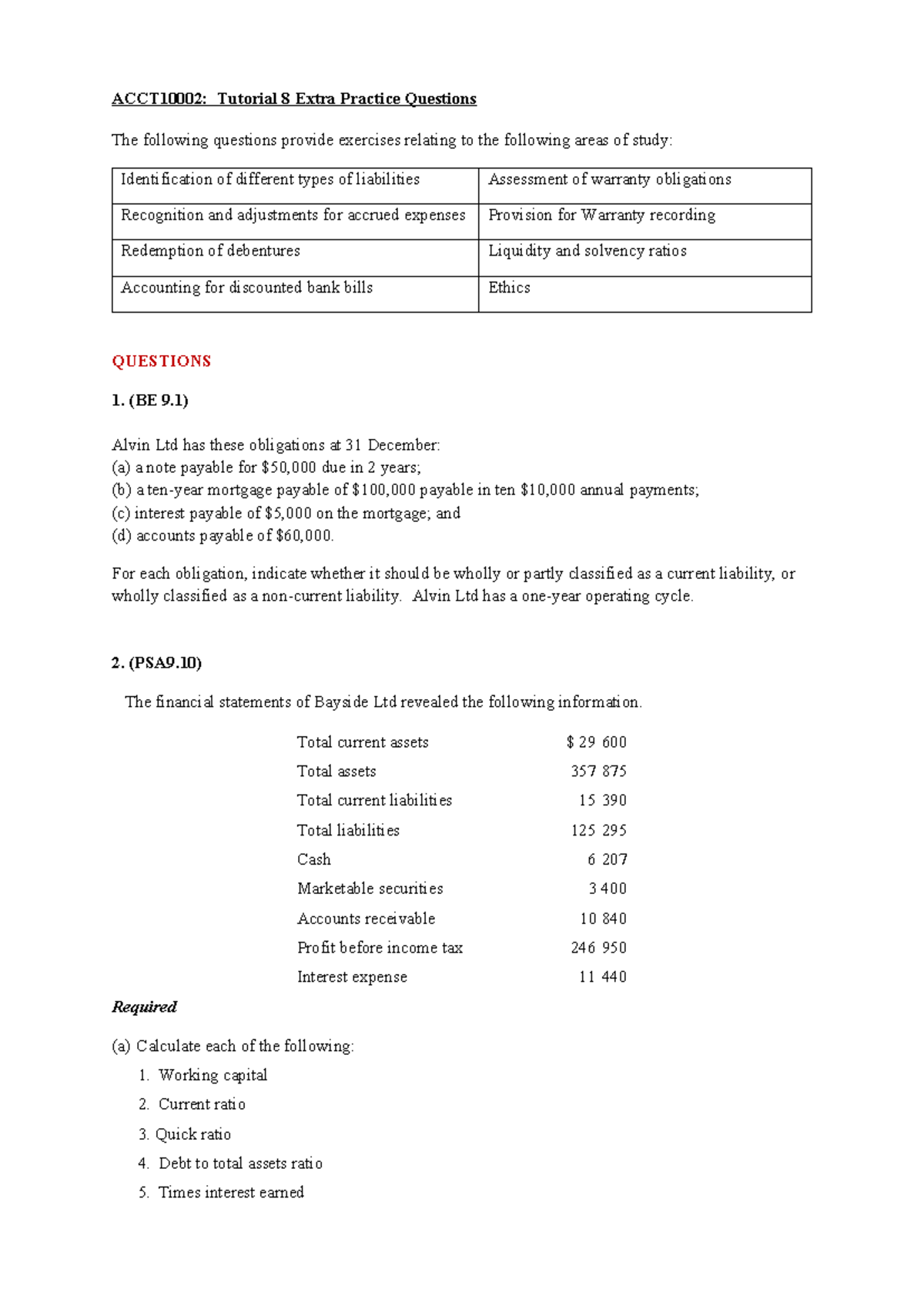 ACCT10002 Tutorial 8 Extra Practice Questions and Solutions new ...