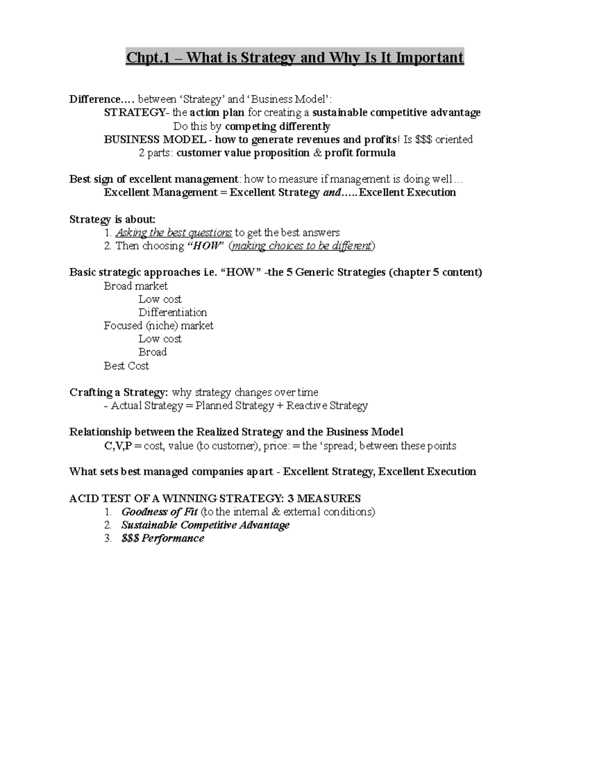 Chpt 1 Notes - Chpt – What is Strategy and Why Is It Important ...