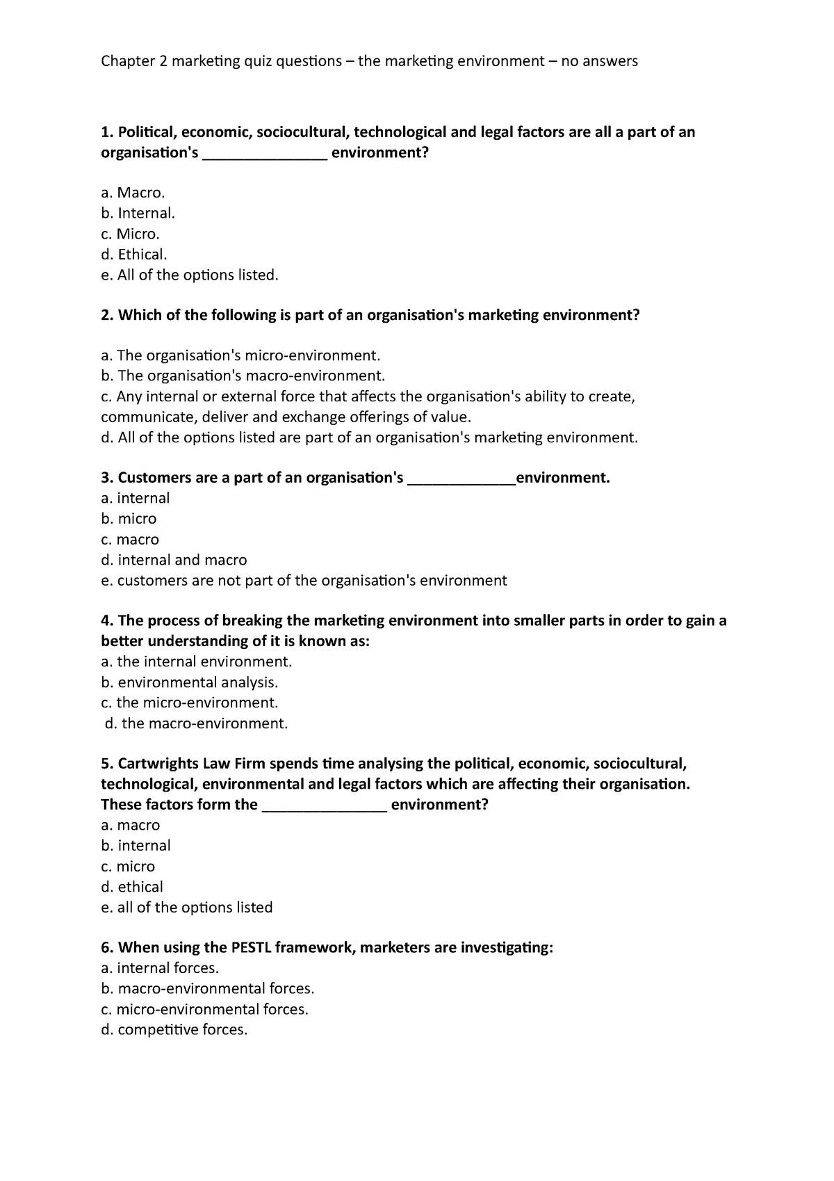 Chapter 2 Marketing Quiz Questions The Marketing Environment No Answers 1 Political 3428