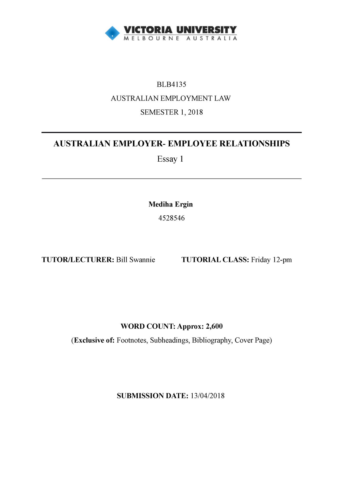 Australian Employment Law Blb4135 Australian Employment Law Semester 1 2018 Australian 