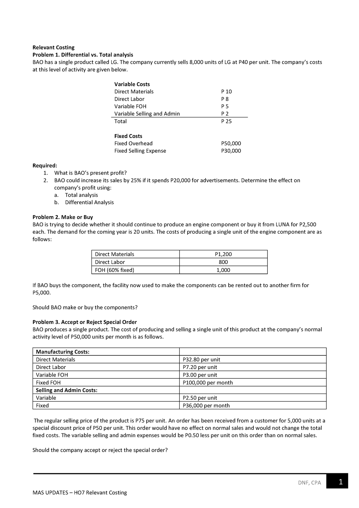 HO7 Relevant-Costing - This is an accounting material about Management ...