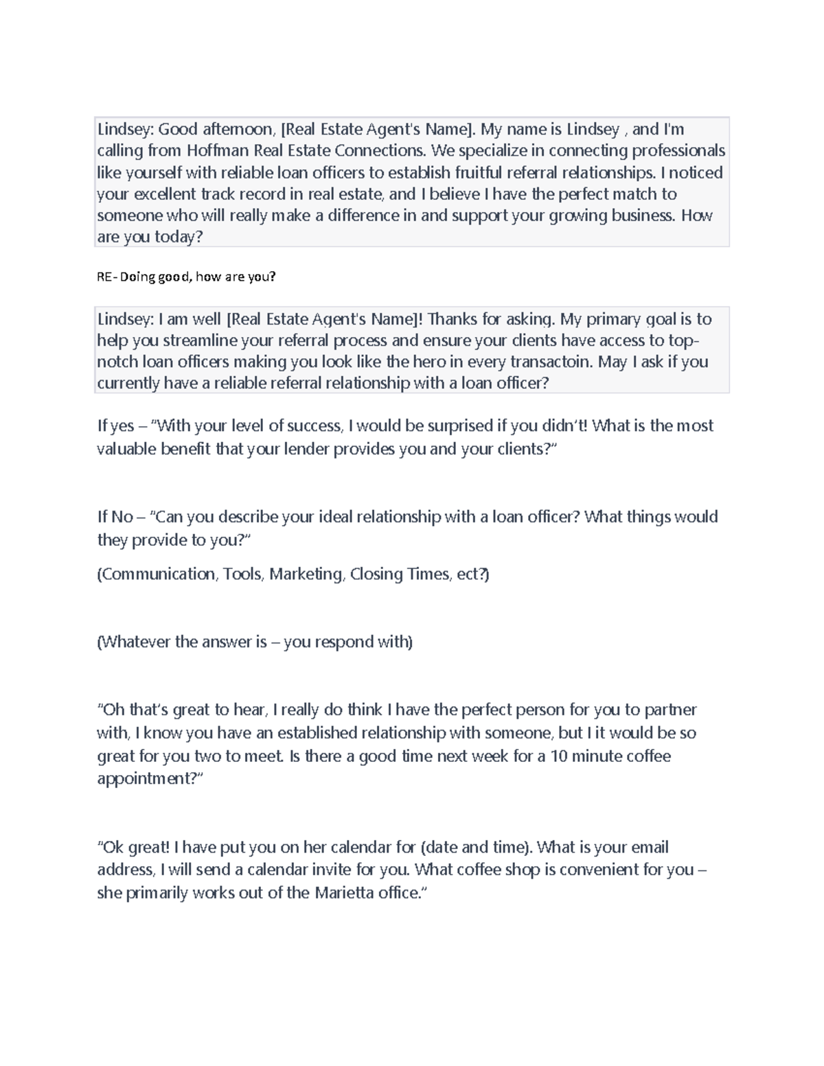 Lindsey cold call - This is a document that is a work sample for a cold ...