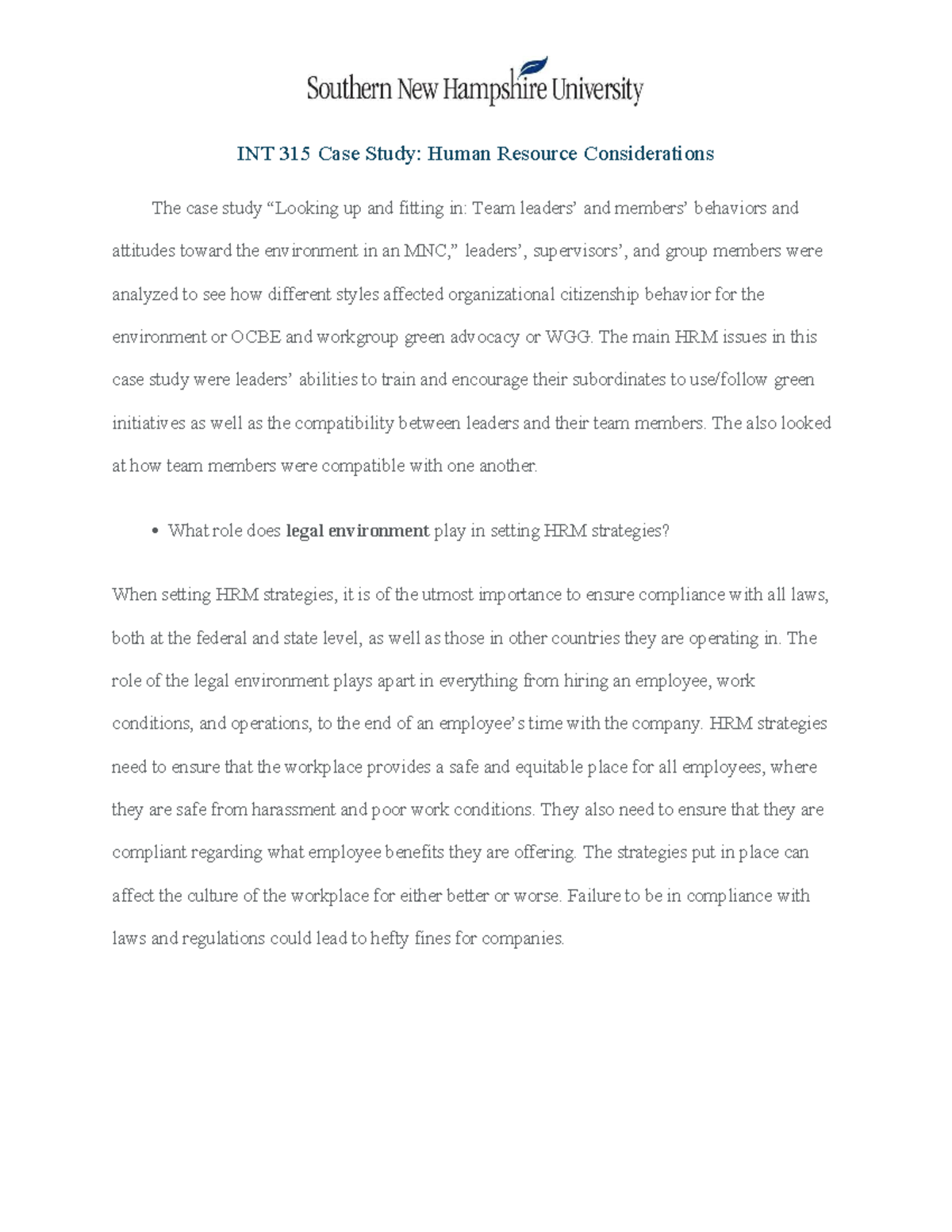 Int 315 Case Study Int 315 Case Study Human Resource Considerations