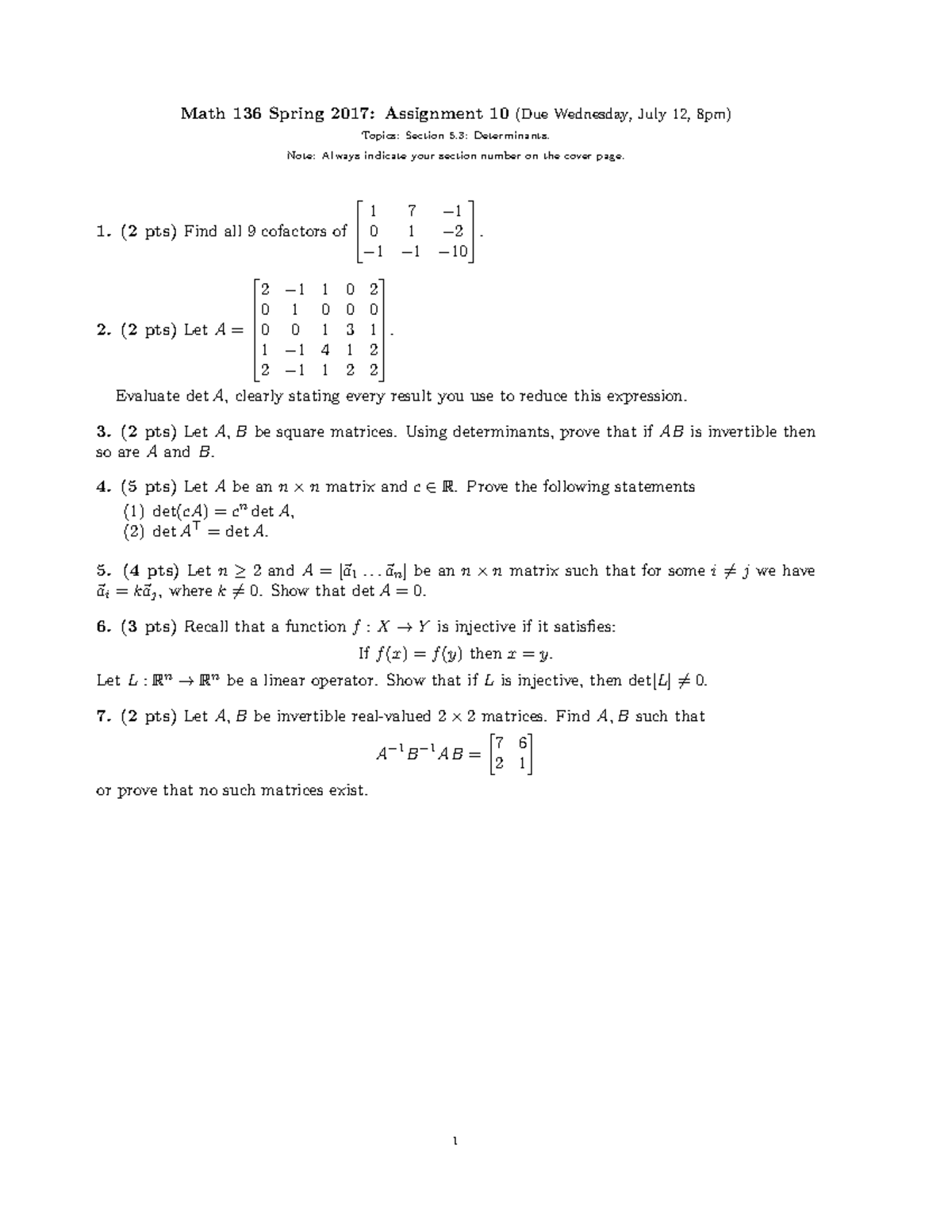 Exam 6 April 2014, questions - Math 136 Spring 2017: Assignment 10(Due ...