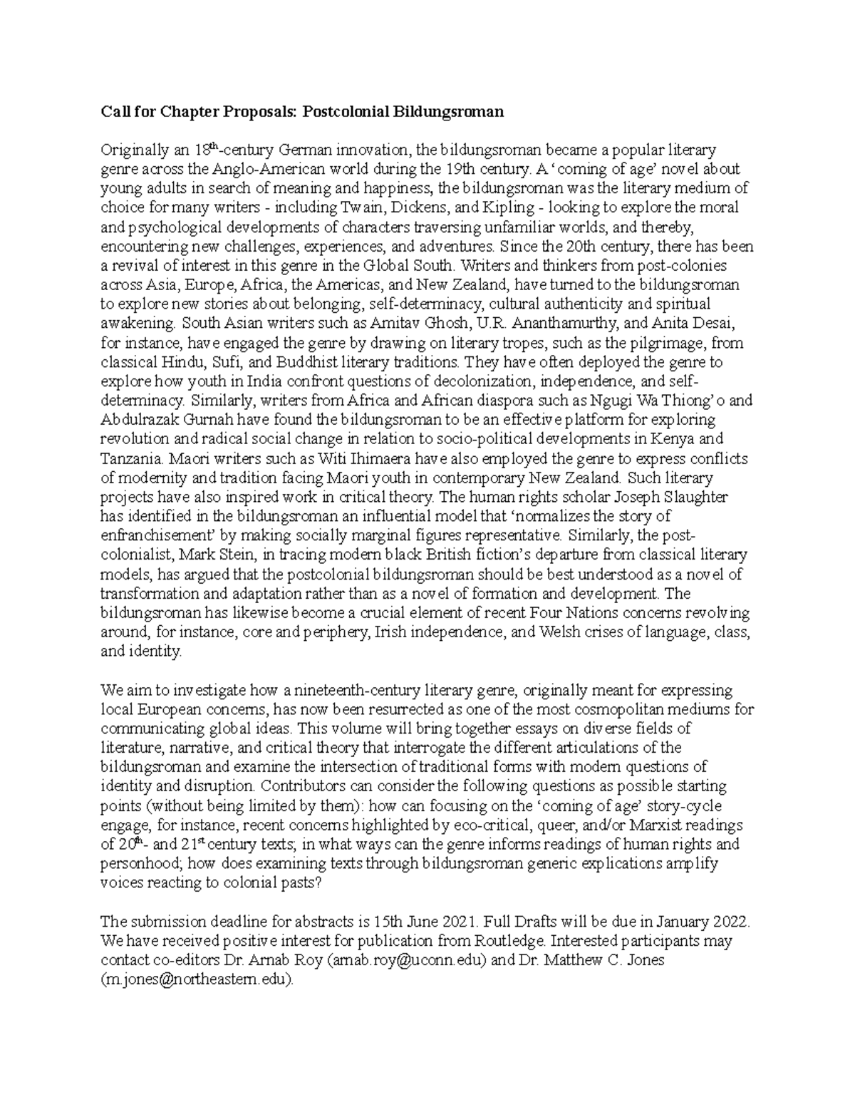 CFP Postcolonial Bildungsroman - Call for Chapter Proposals ...