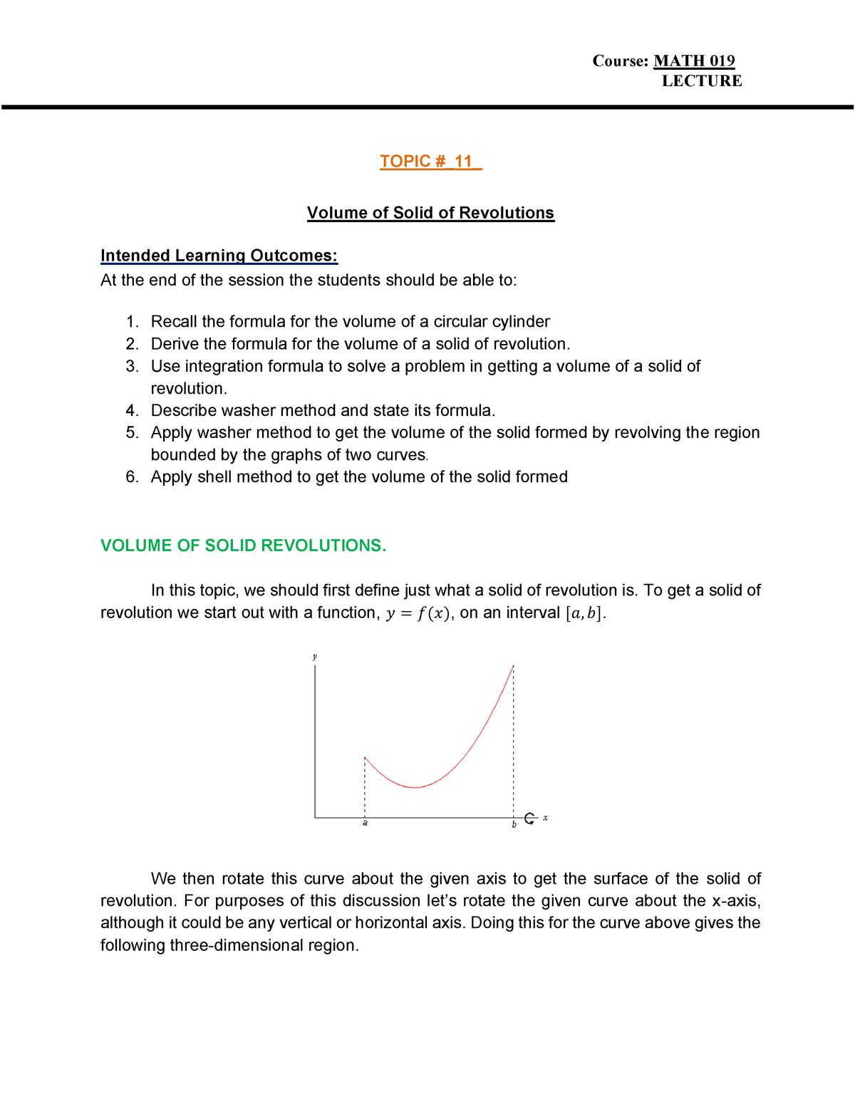 Volume Of Solid Of Revolutions - Calculus 2 - TIP - Studocu