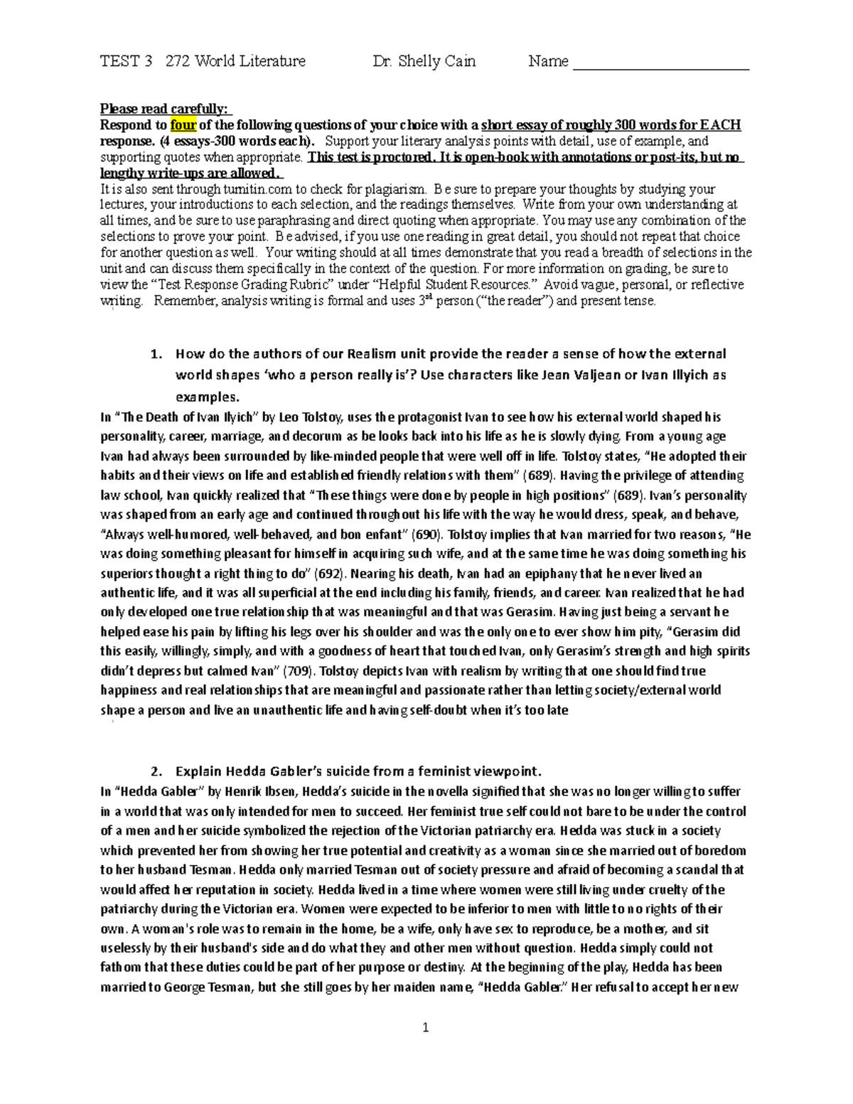 Final EXAM 3 Study Guide - Please read carefully: Respond to four of ...