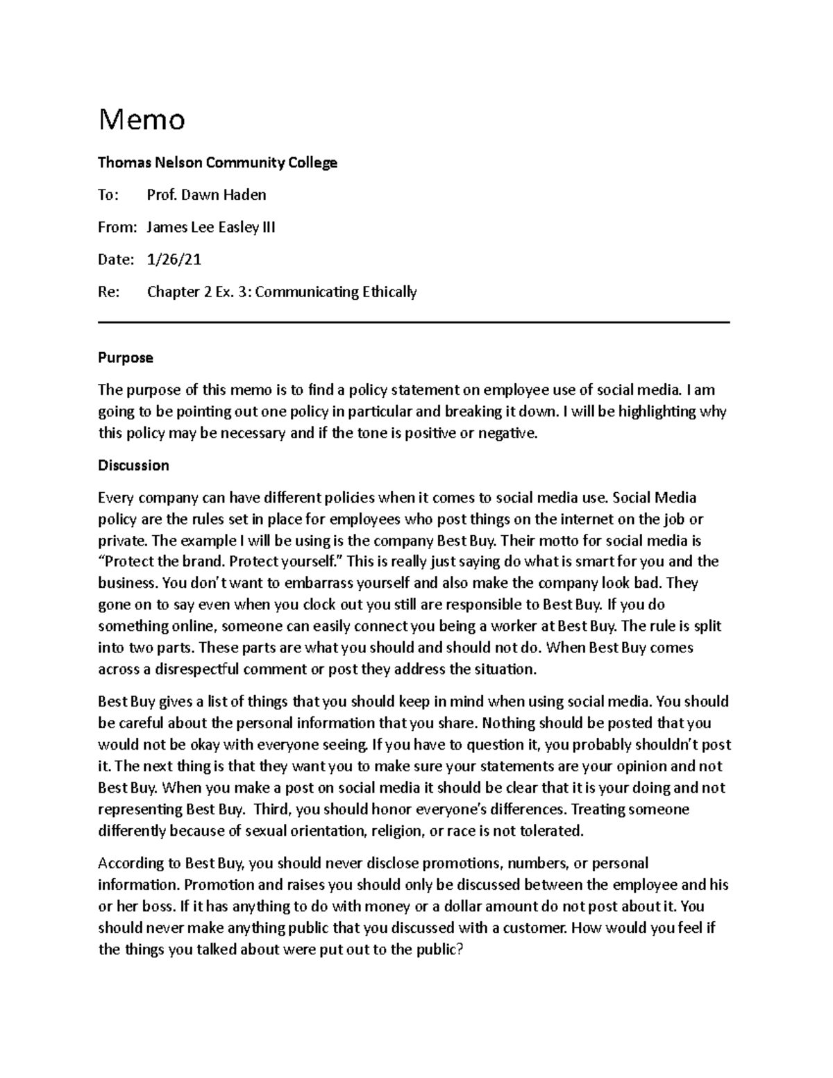 Soical media policies 11 - Memo Thomas Nelson Community College To ...