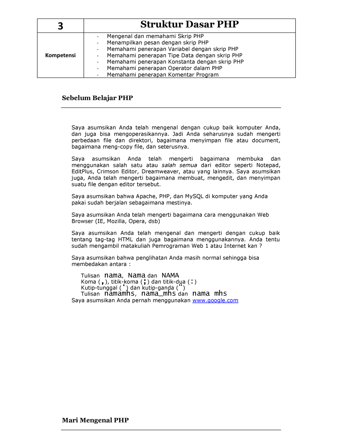 3. Struktur Dasar PHP - Tutorial PHP - 3 Struktur Dasar PHP Kompetensi ...