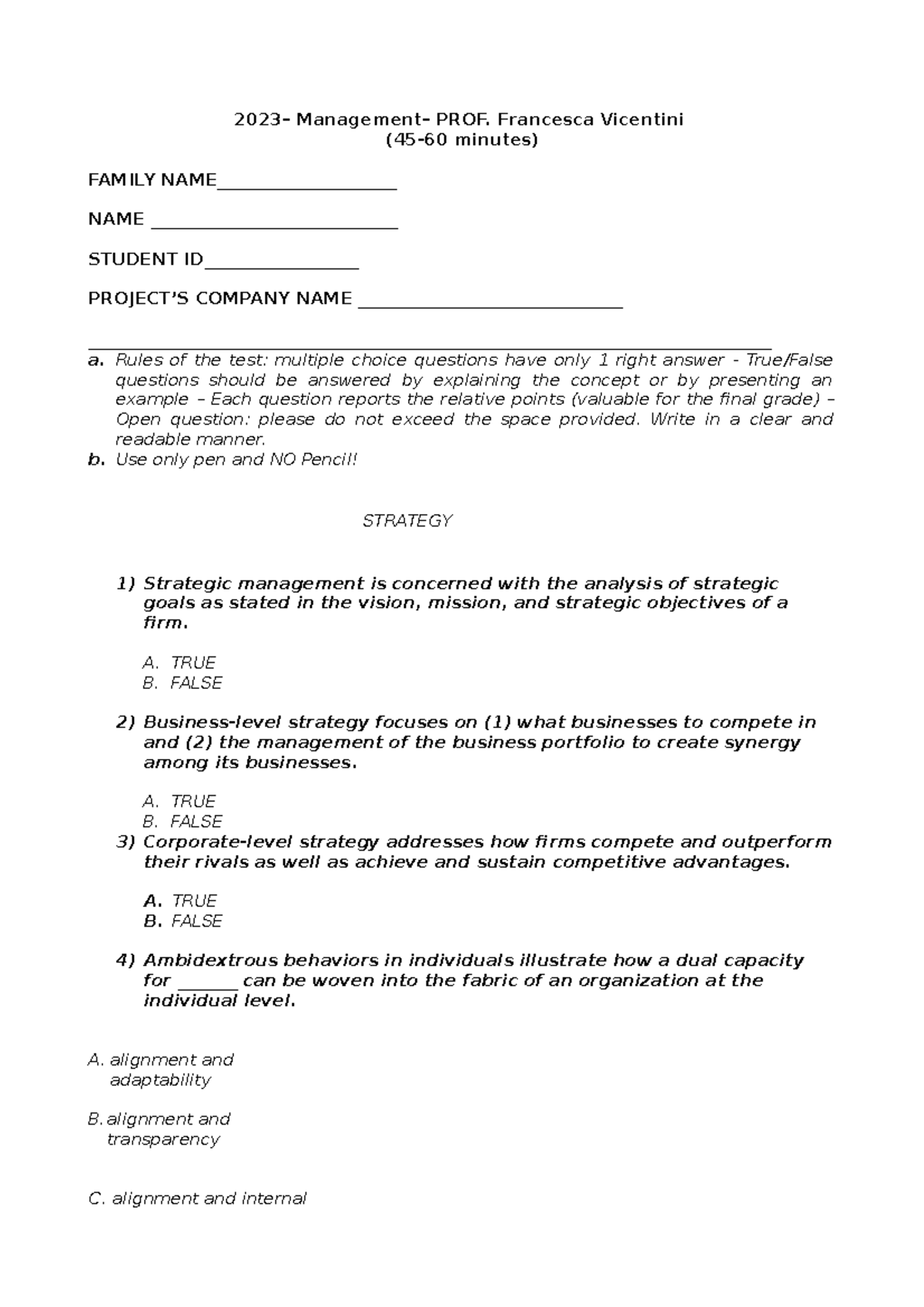 MOCK 2023 - MOCK ESAME 2023 - 2023– Management– PROF. Francesca ...