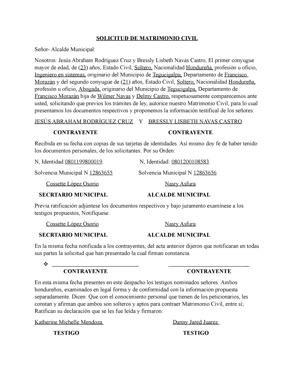 Formato Solicitud DE Matrimonio Civil - SOLICITUD DE MATRIMONIO CIVIL  Señor- Alcalde Municipal: - Studocu