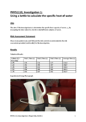 PHYS1110 Investigation 1 - Kettle Investigation - Heat capacity of ...