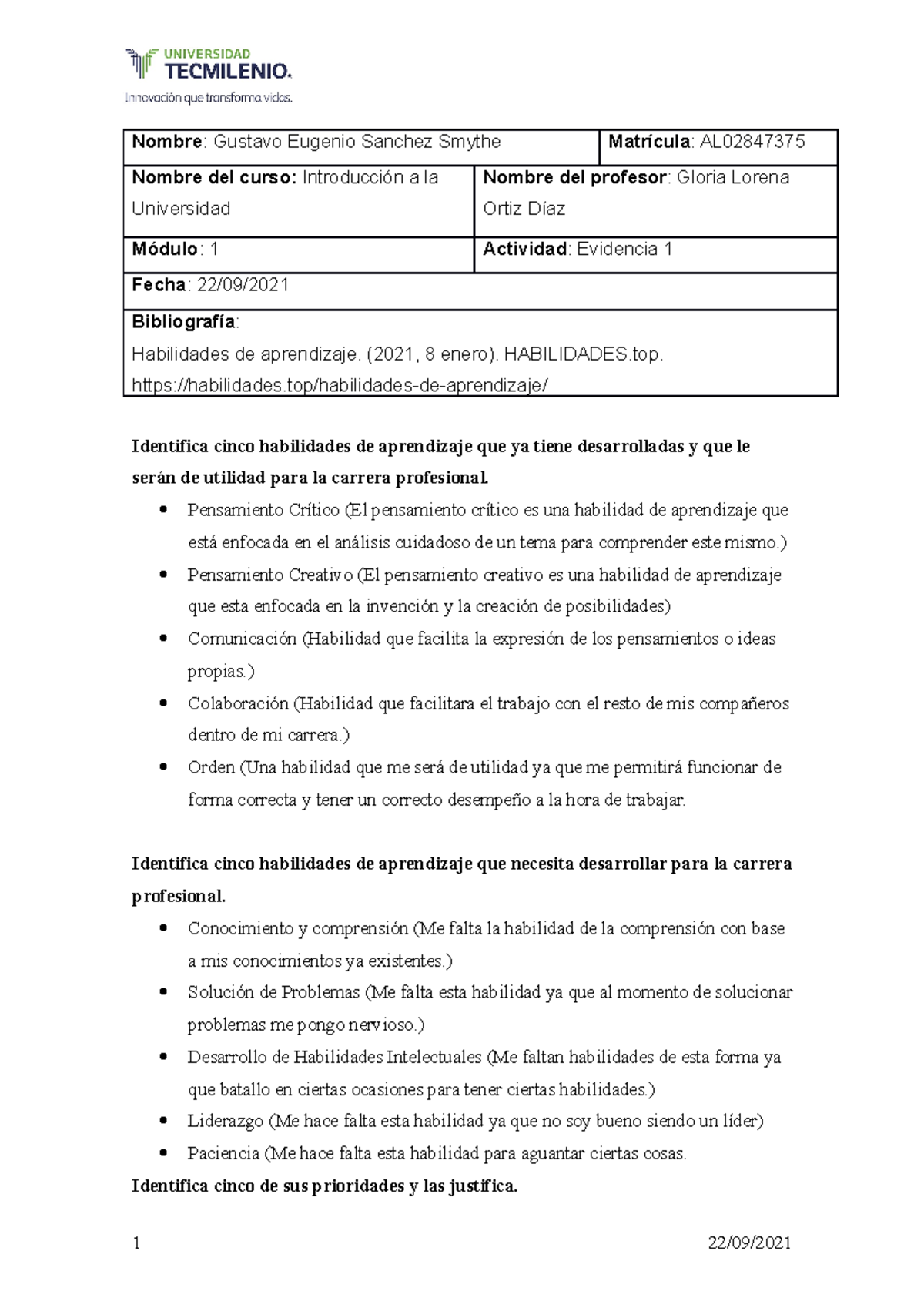 Evidencia 1 Introduccion a la Universidad - Nombre : Gustavo Eugenio ...