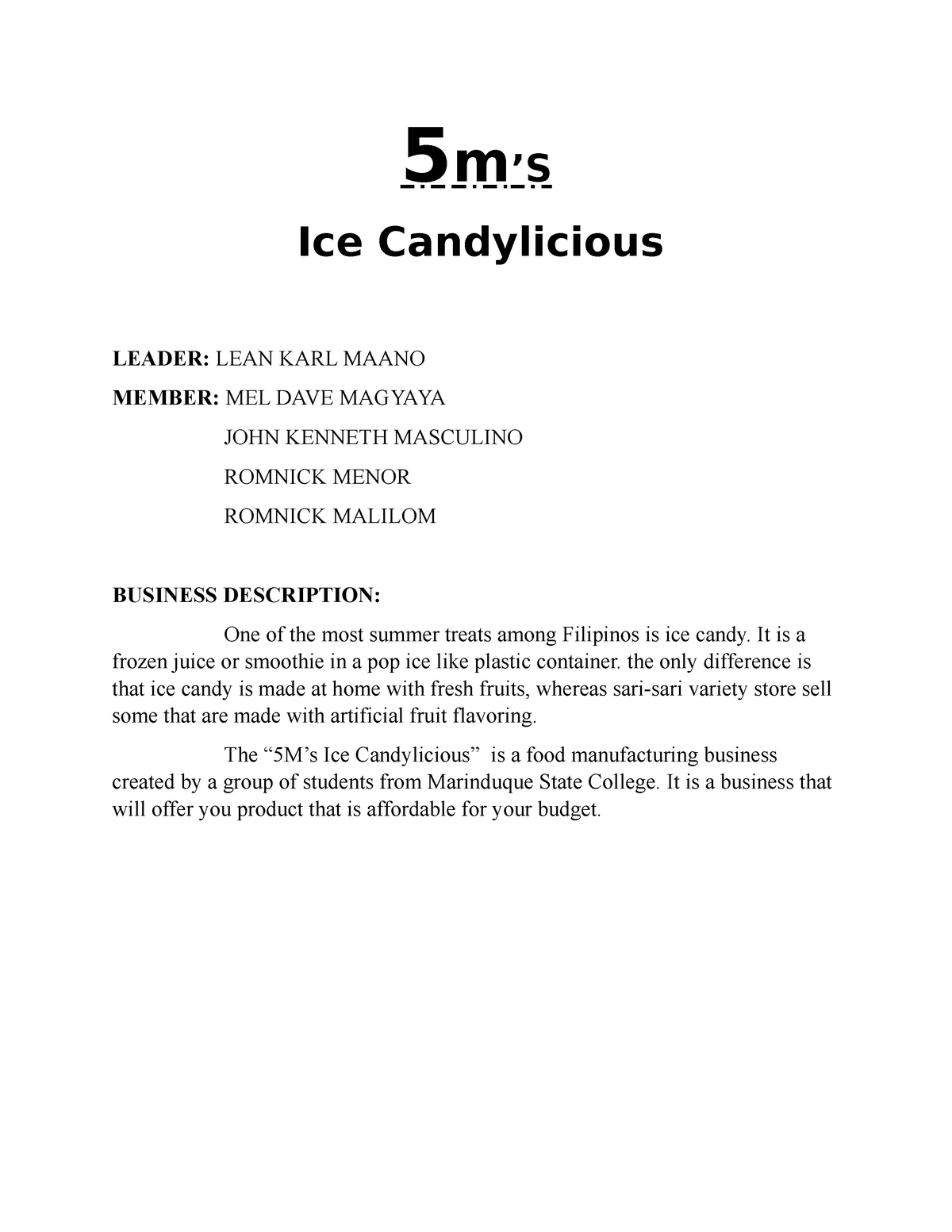 ice candy business plan introduction