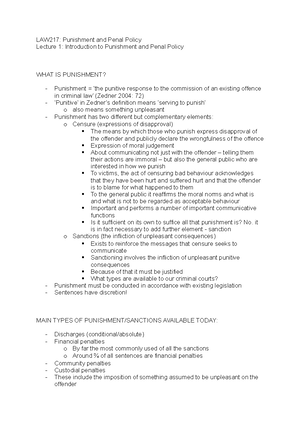Punishment and Penal Policy lecture 1 notes - Penal punishment 1: What ...