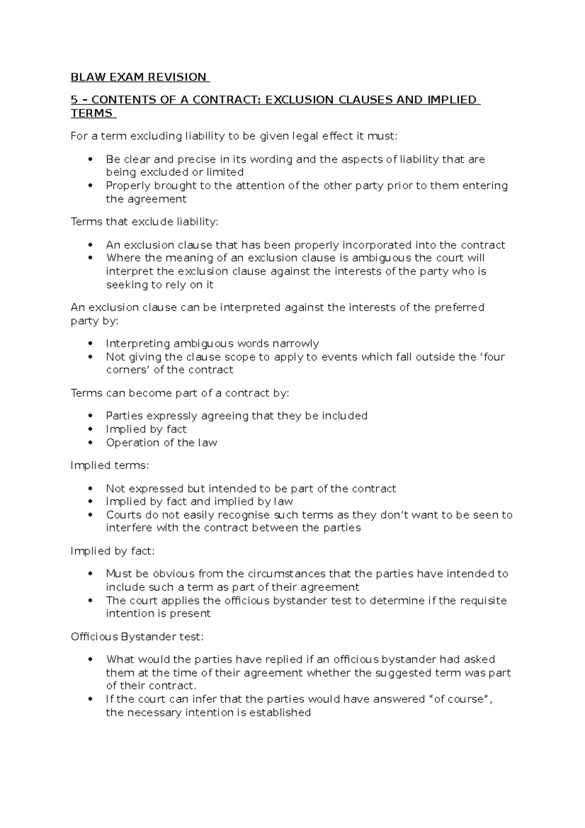 Blaw Exam Revision - BLAW EXAM REVISION 5 – CONTENTS OF A CONTRACT ...