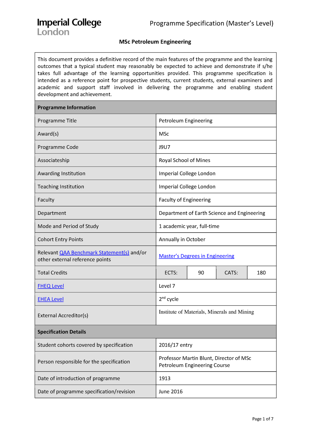 J9U7 - Programme Specification Level) MSc Petroleum Engineering This ...