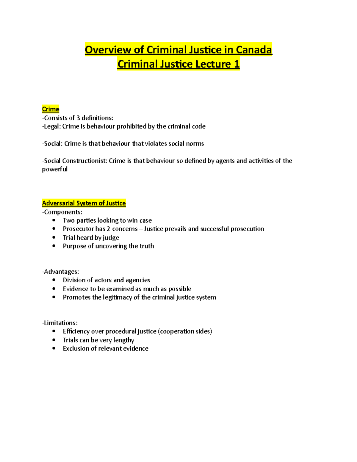 Lecture 1 Overview of Criminal Justice in canada - Overview of Criminal ...