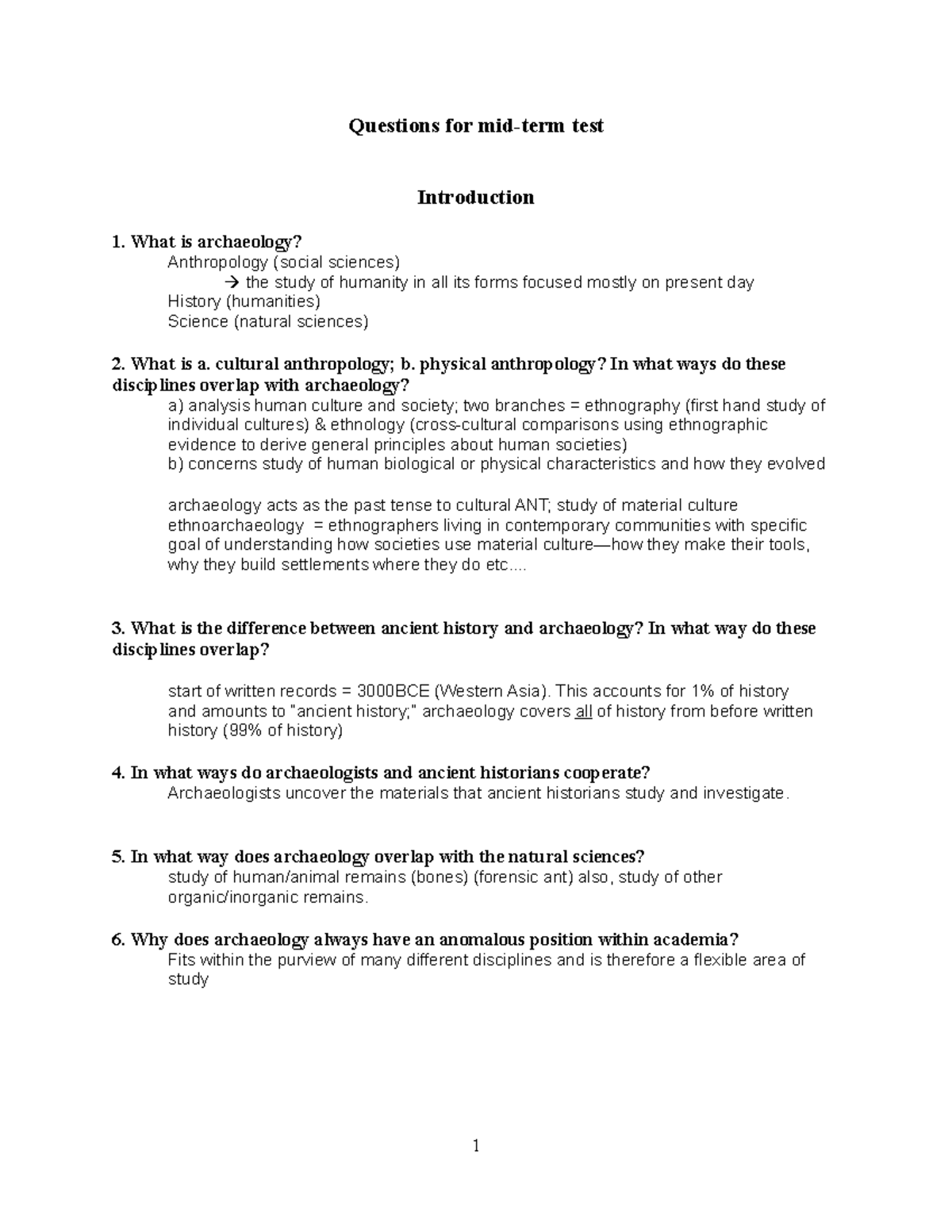 Archaeology Midterm Questions Questions for midterm test