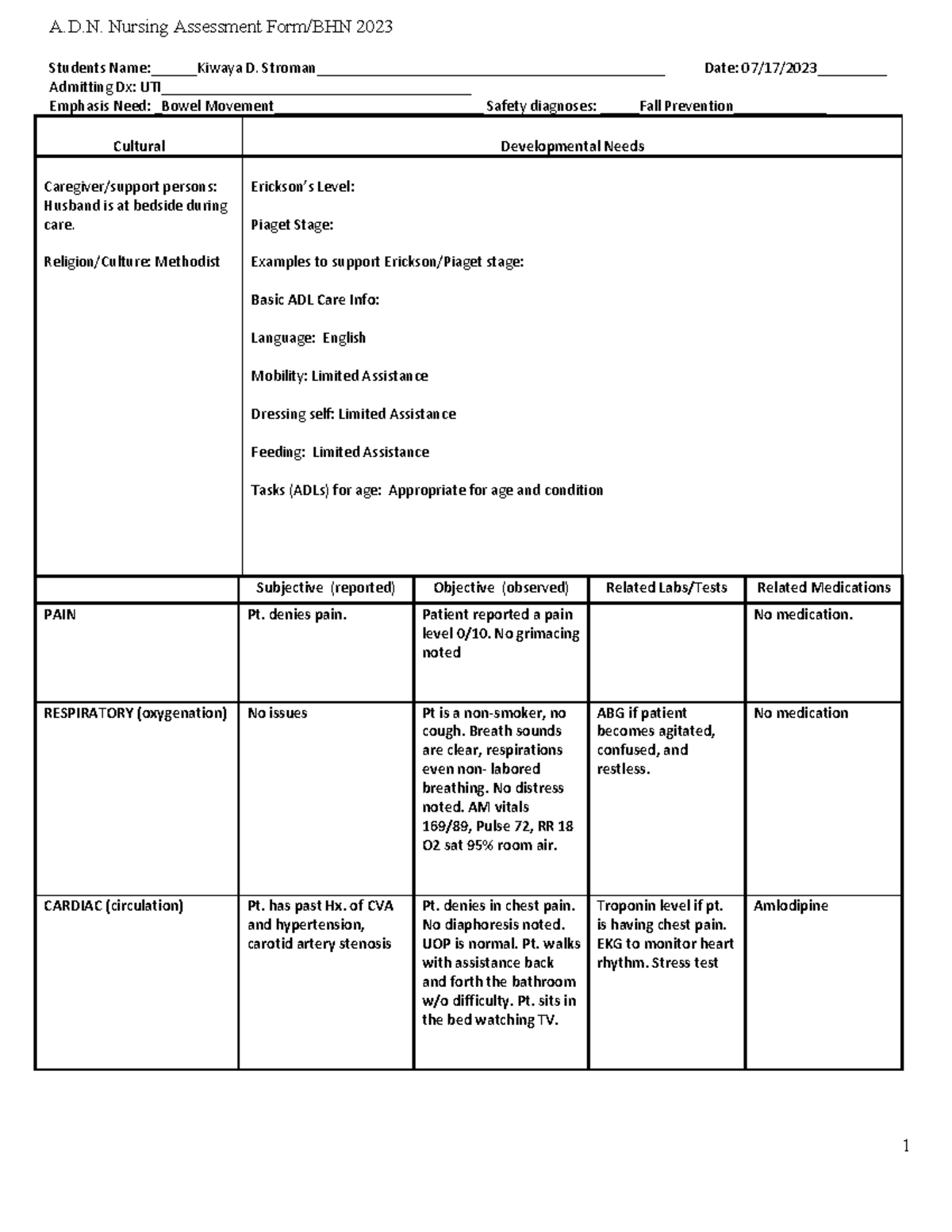 BHN Week 3 - BHN - A.D. Nursing Assessment Form/BHN 2023 1 Students ...