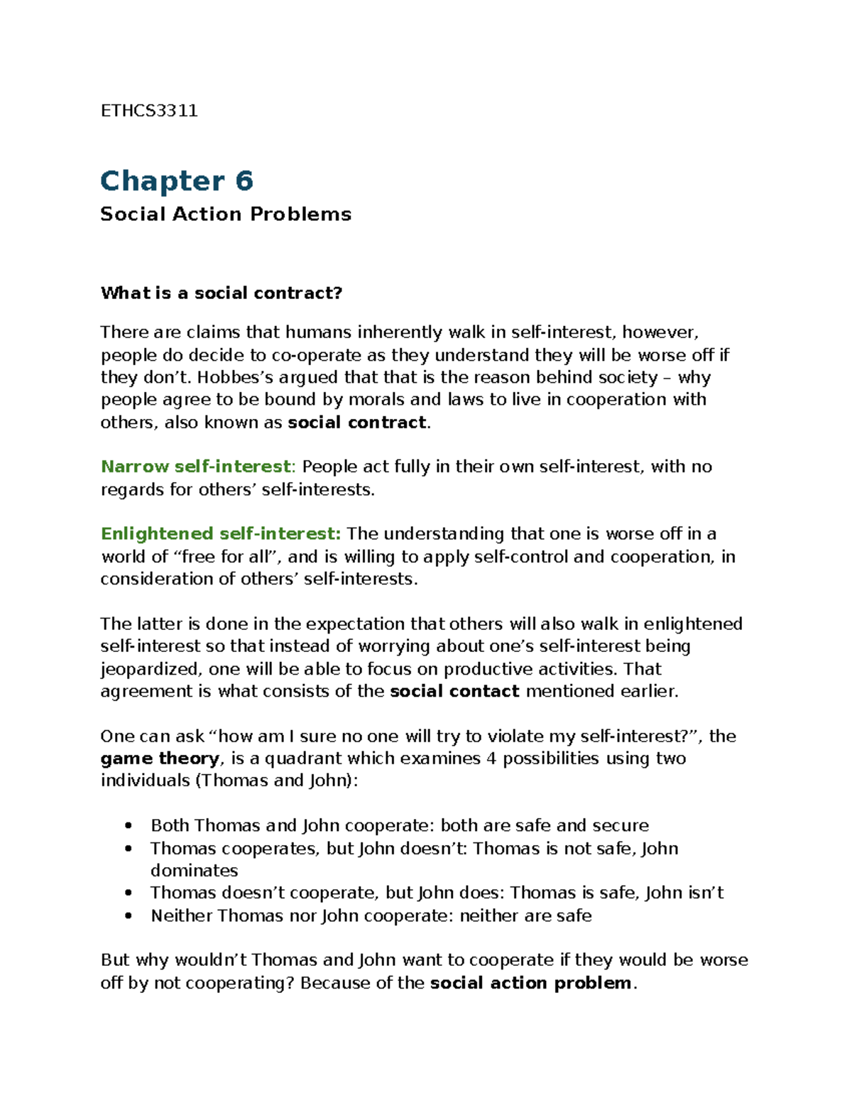 Chap 6-8 Summary Notes - ETHCS Chapter 6 Social Action Problems What is ...