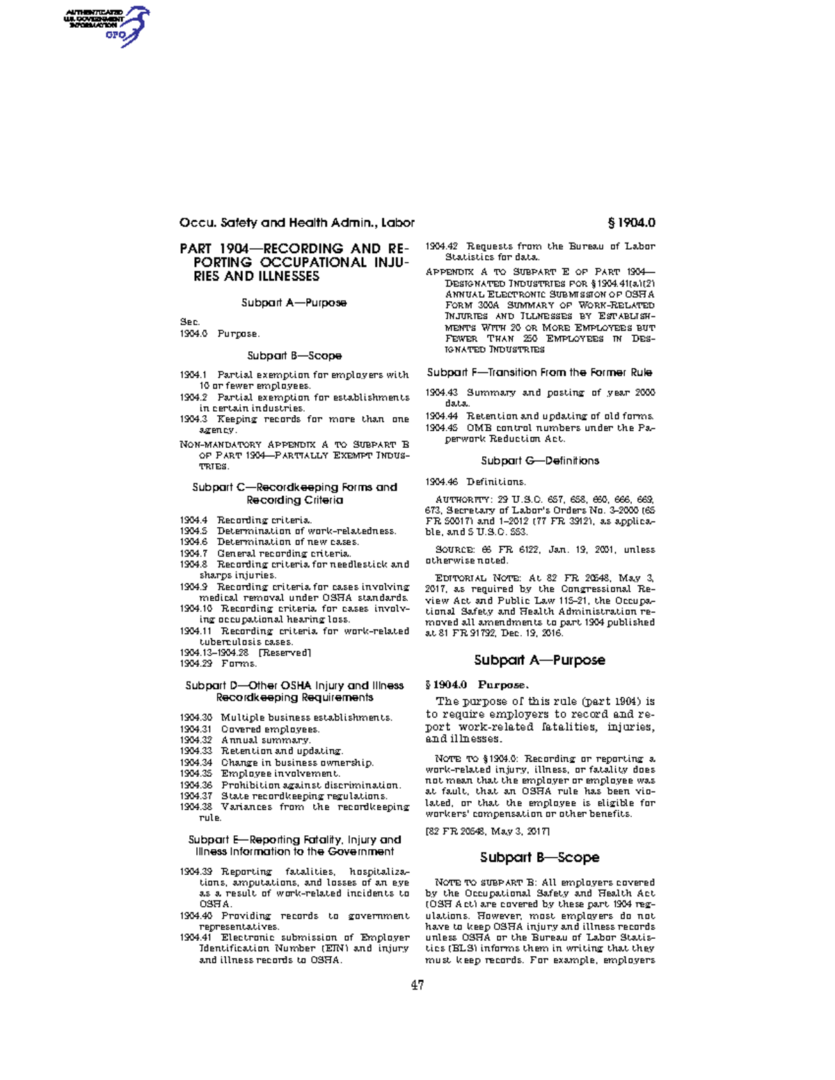 CFR Title 29-vol5-Part 1904 - 47 Occu. Safety And Health Admin., Labor ...