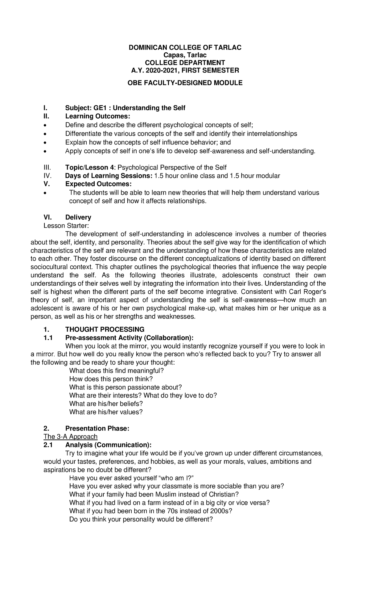 Module 4 Psychological Concept OF SELF - DOMINICAN COLLEGE OF TARLAC ...