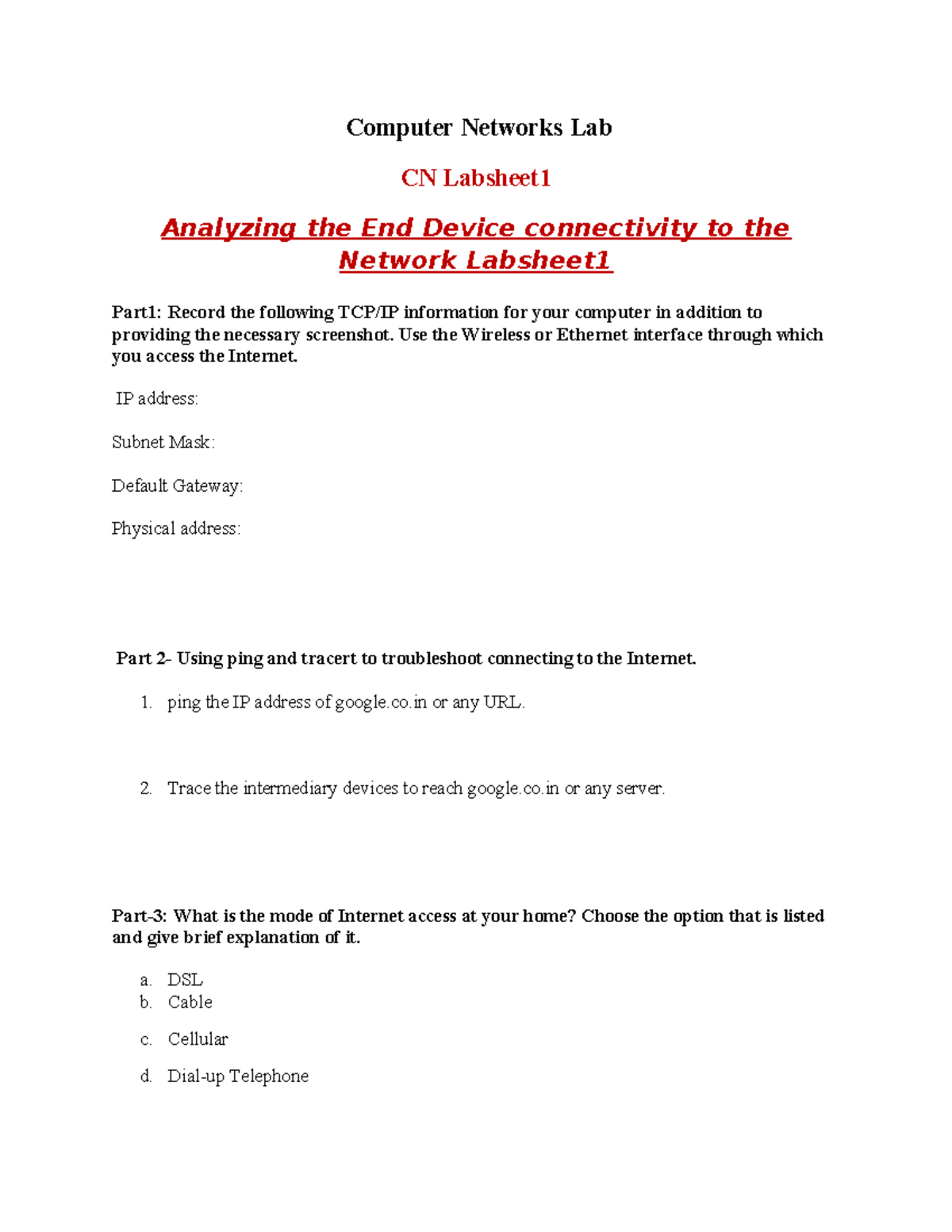 CN Lab Sheet 1 - Computer Networks Lab CN Labsheet Analyzing the End ...