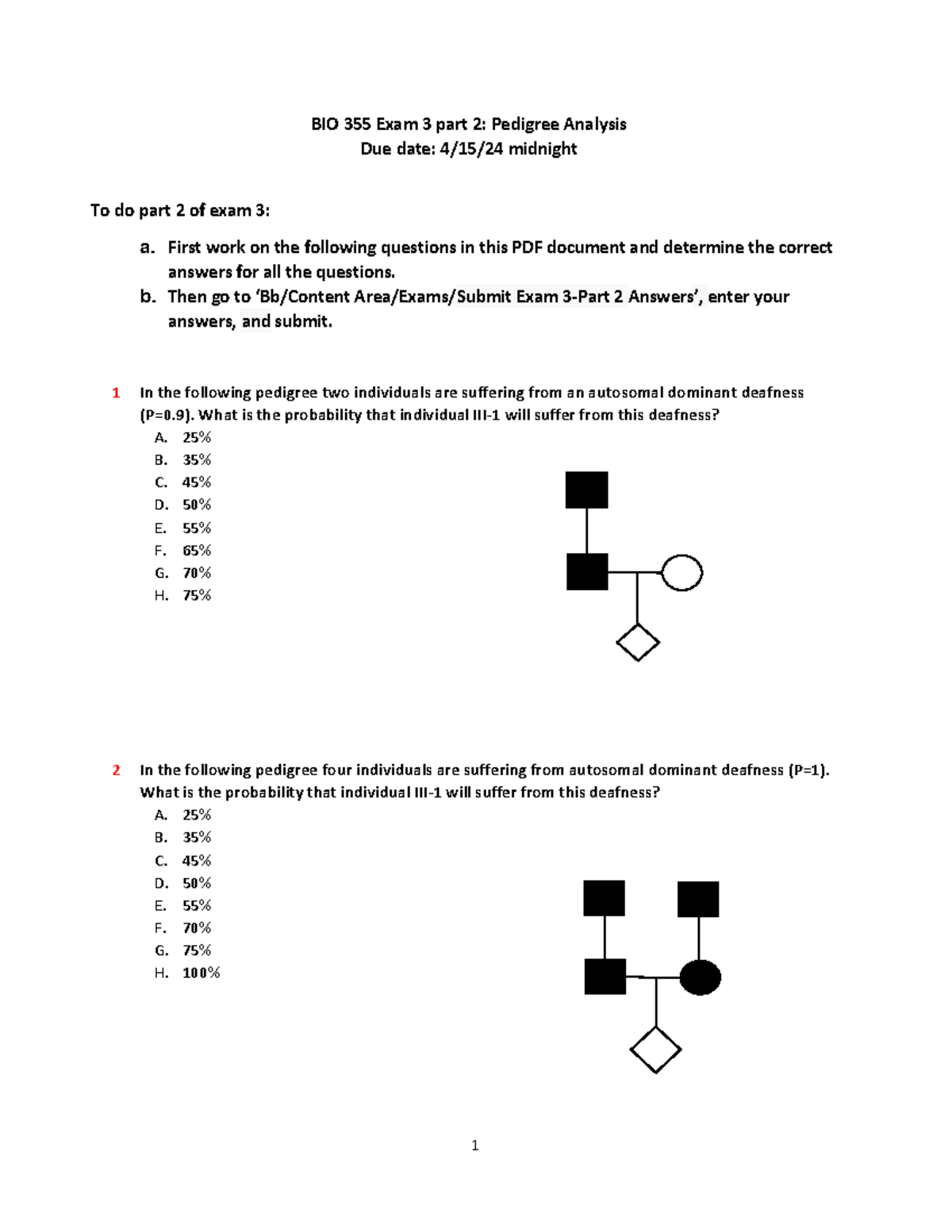 Exam 3 part 2 Pedigree Analysis winter 24 - BIO 355 Exam 3 part 2 ...