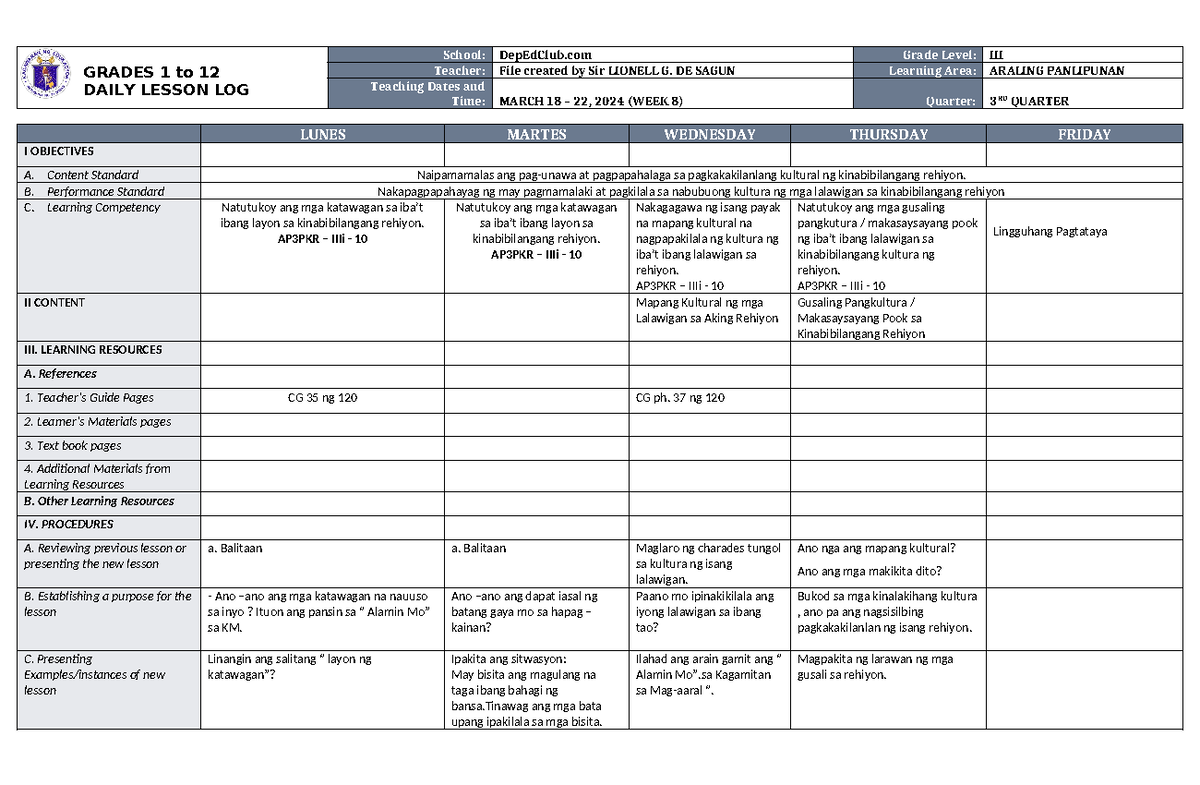 DLL Araling Panlipunan 3 Q3 W8 - GRADES 1 to 12 DAILY LESSON LOG School ...
