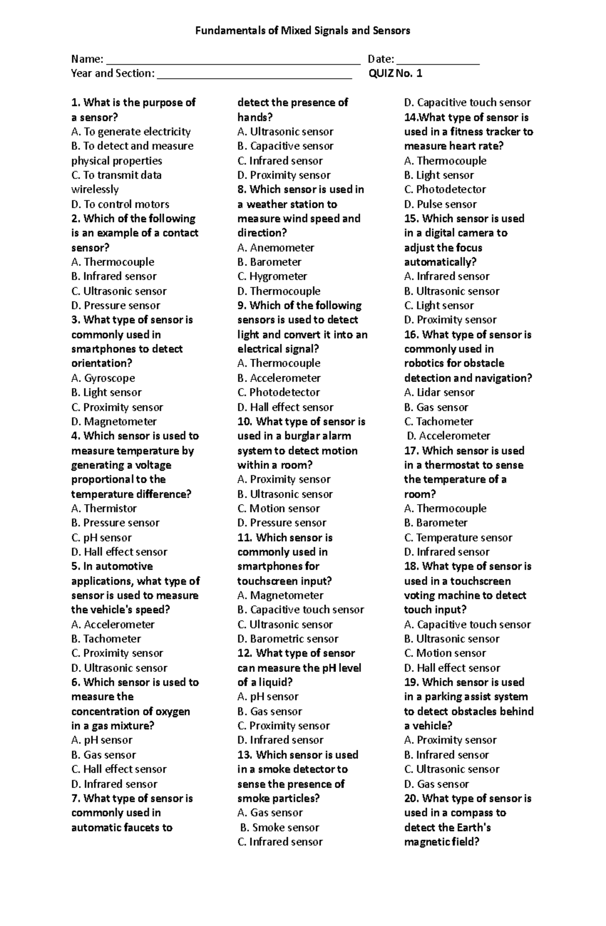 Fundamentals of Mixed Signals and Sensors QUIZ 1 - Fundamentals of ...