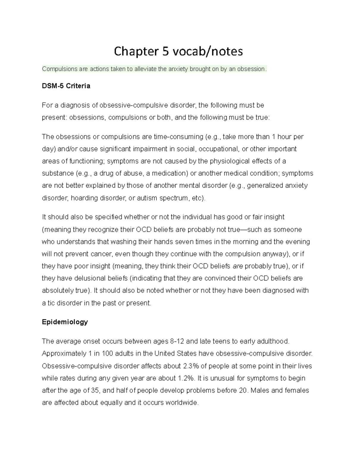 Chapter 5 Notes Abnormal Psychology - Chapter 5 Vocab/notes Compulsions ...