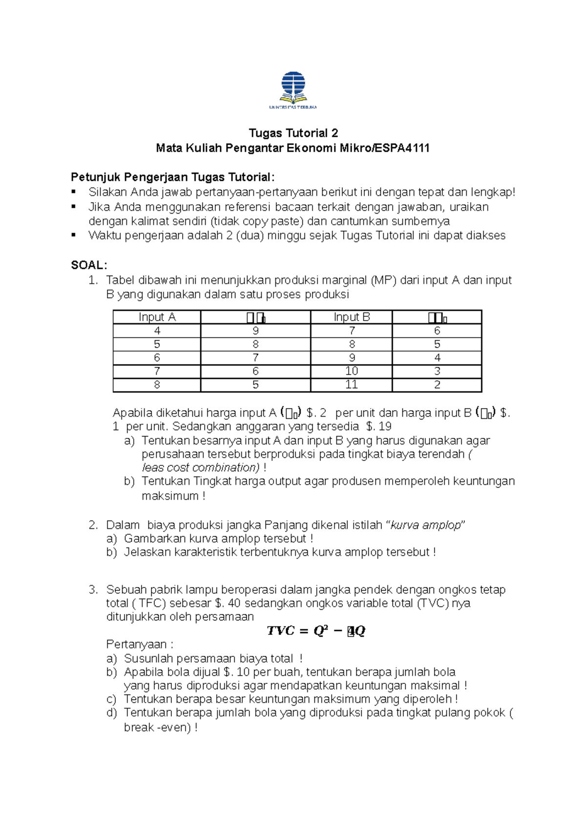 Pengantar Ekonomi Mikro T-2 - Tugas Tutorial 2 Mata Kuliah Pengantar ...