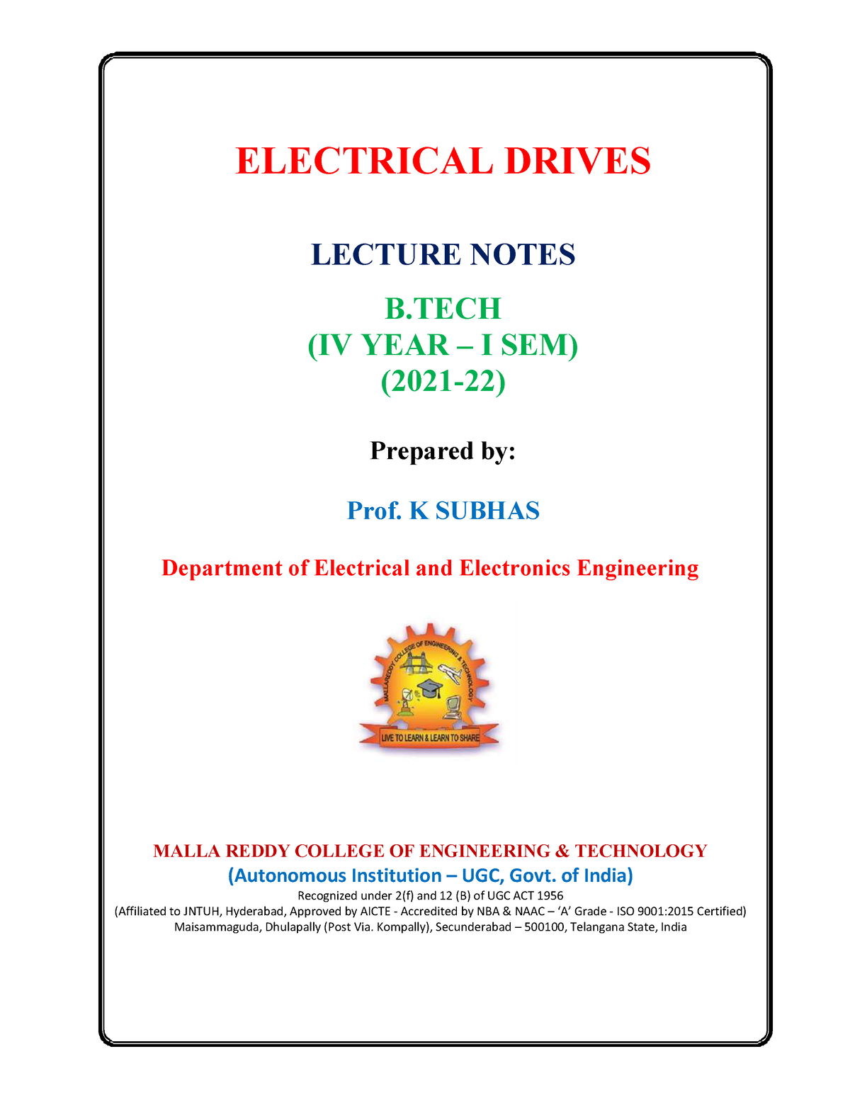 Electrical Drives - Hshs - ELECTRICAL DRIVES LECTURE NOTES B (IV YEAR ...