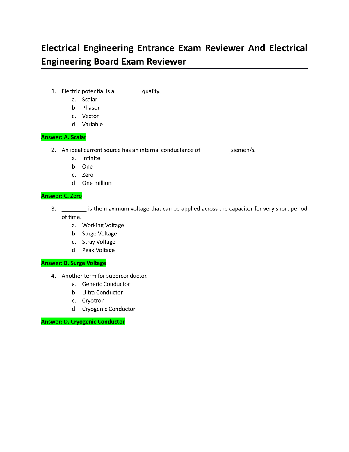 Electrical Engineering Entrance Exam Reviewer And Electrical ...