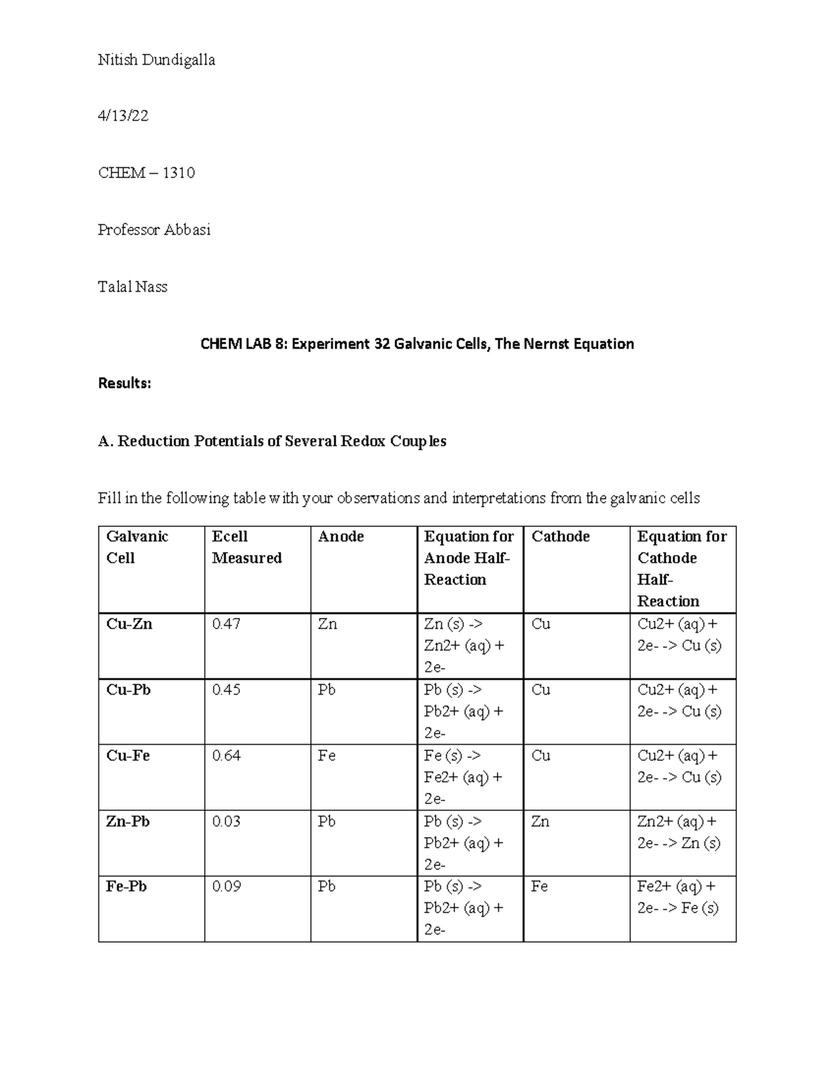 CHEM LAB 8 Experiment 32 Galvanic Cells, The Nernst Equation - Nitish ...