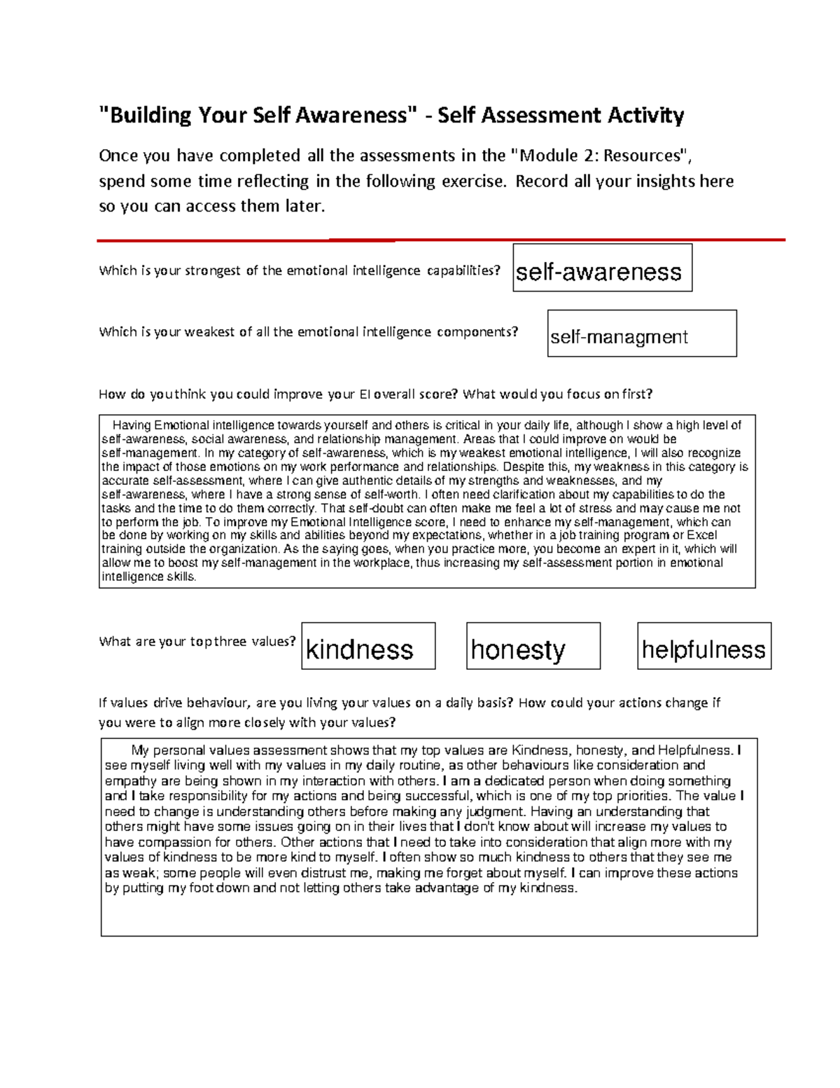 Assignment #1 worksheet Building Your Self Awarenessfillable ...