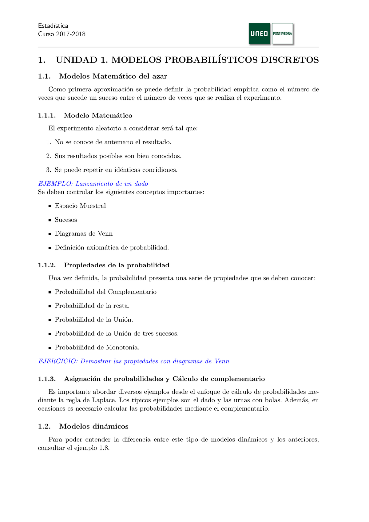 Tema 1 esquema MODELOS PROBABILISTICOS DISCRETOS - Estad ́ıstica Curso  2017- 1. UNIDAD 1. MODELOS - Studocu