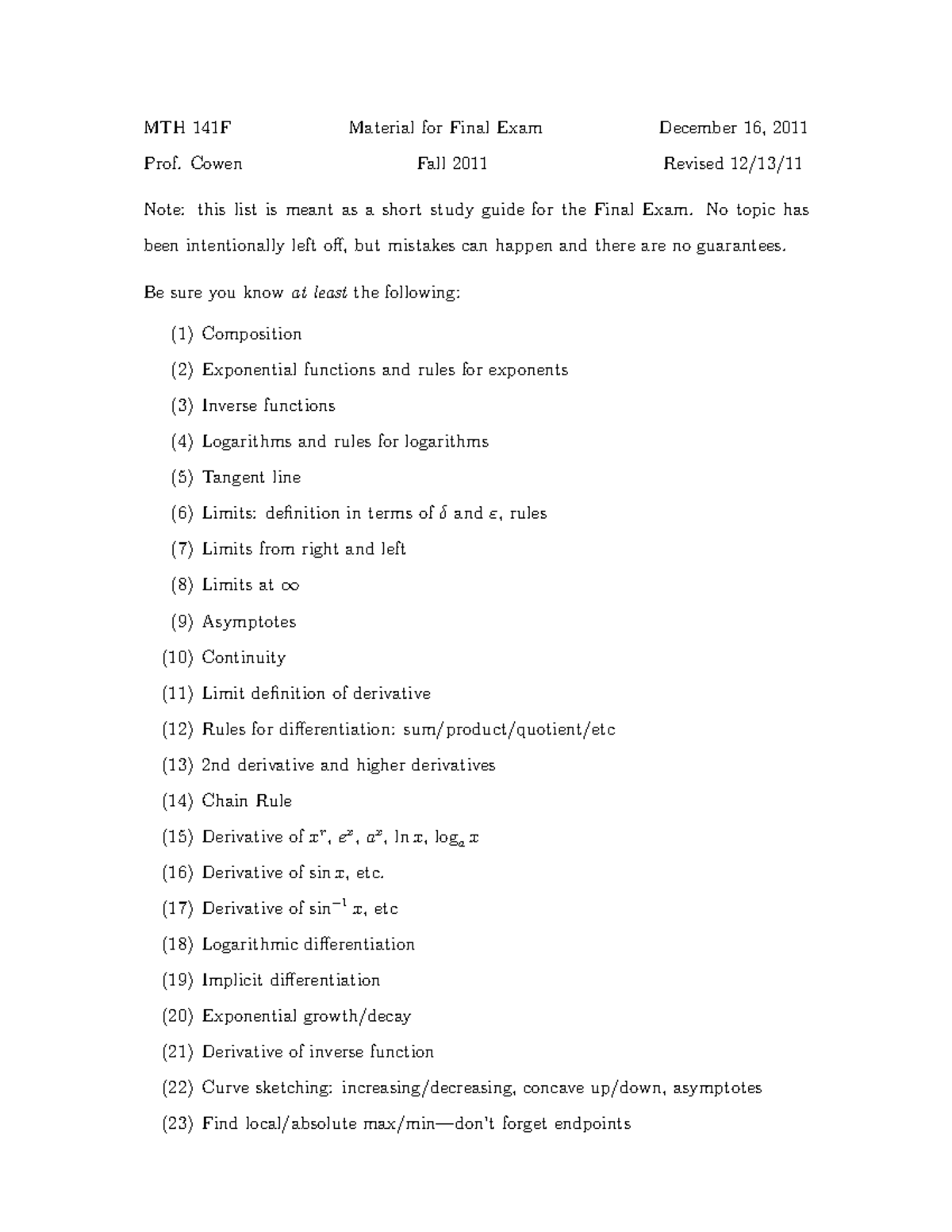 Mth141 Final Exam Review Fall 2011 Mth 141f Material For Final Exam Prof Cowen Fall 2011 Mth141 Final Exam Review Fall 2011 Mth 141f Material For Final Exam Prof Cowen Fall 2011
