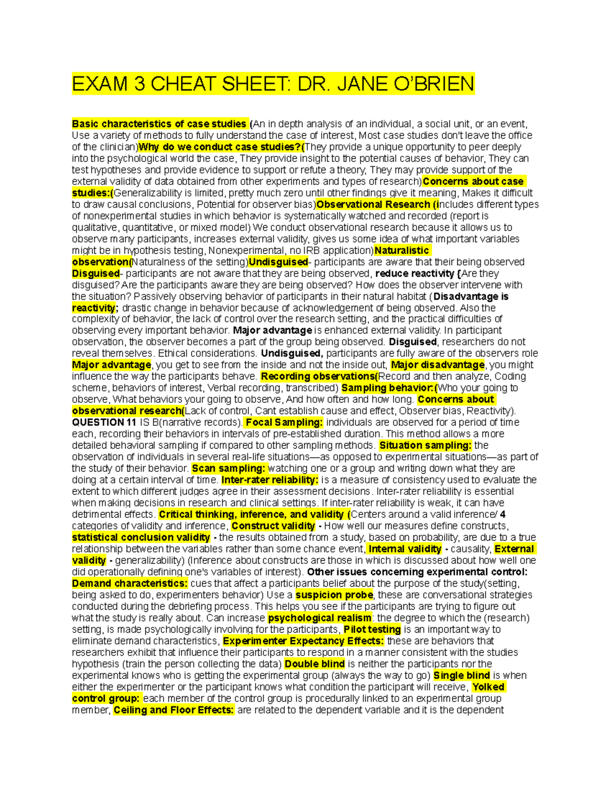 EXAM 3 Cheat Sheet - EXAM 3 CHEAT SHEET: DR. JANE O’BRIEN Basic ...