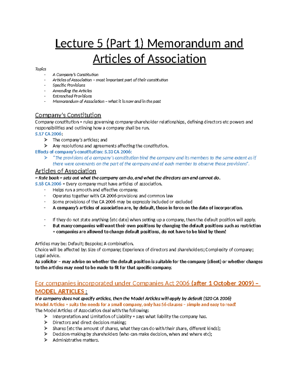 Lecture 5 (Part 1) - word doc notes - Lecture 5 (Part 1) Memorandum and ...