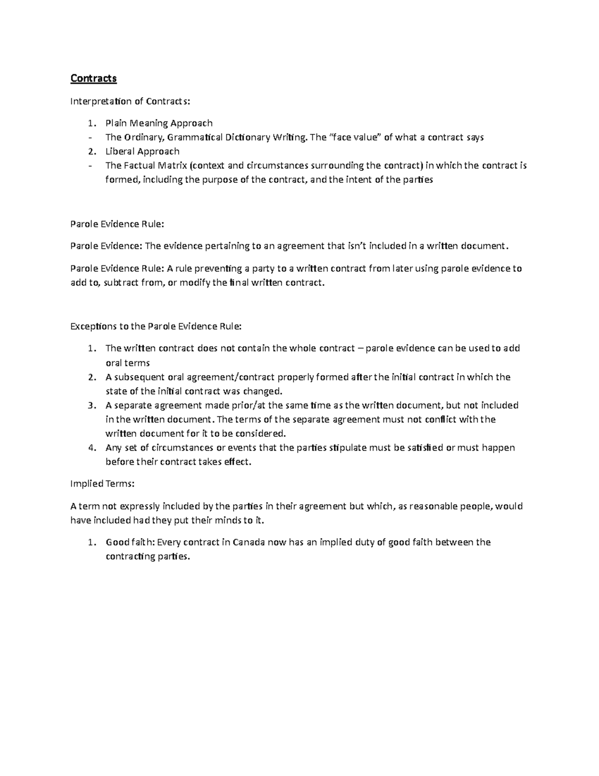 BU231 Final Notes Contracts Interpretation of Contracts 1. Plain